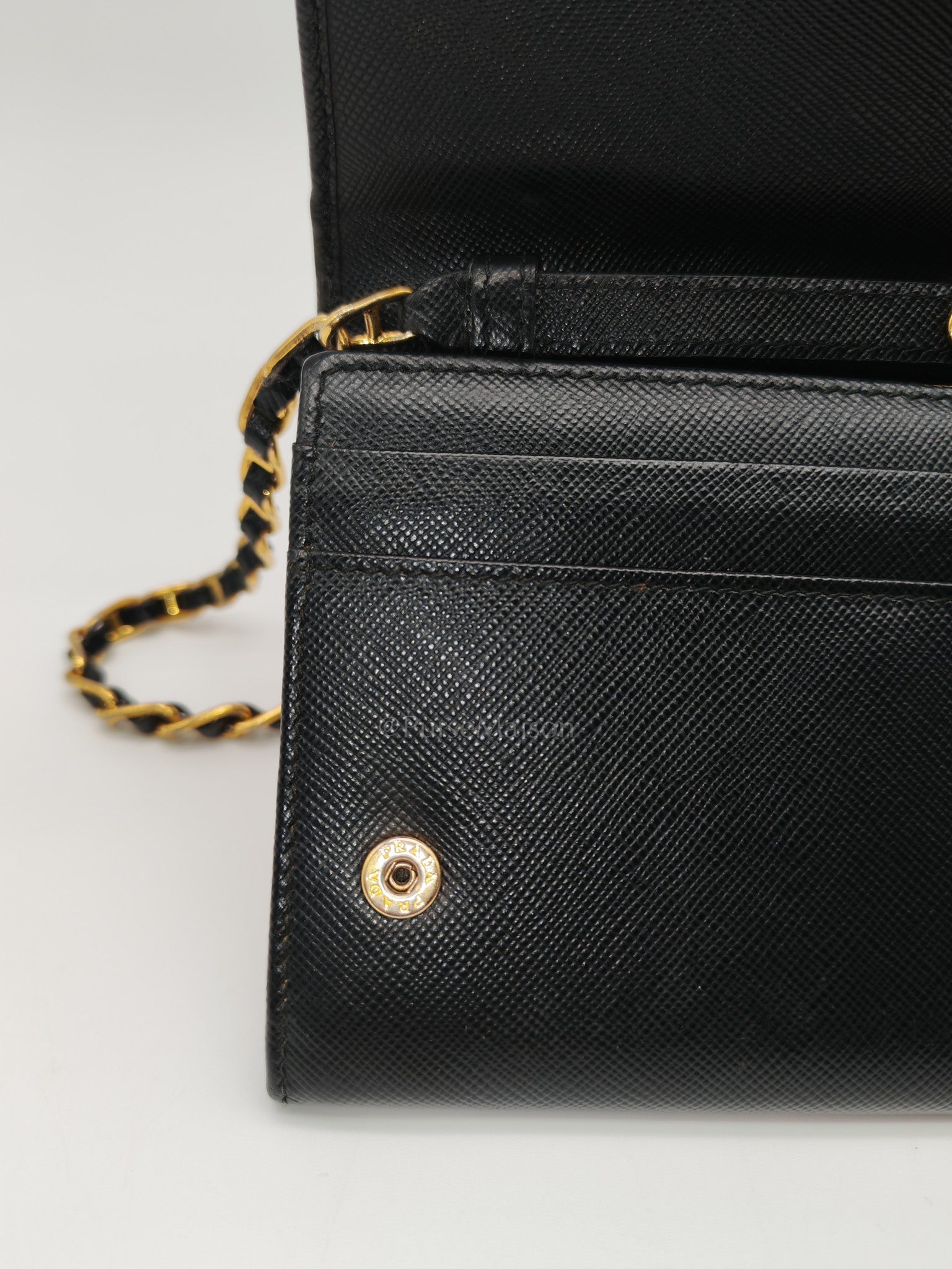 Wallet On Chain in Black Saffiano Leather & Gold Hardware | Purse Maison Luxury Bags Shop