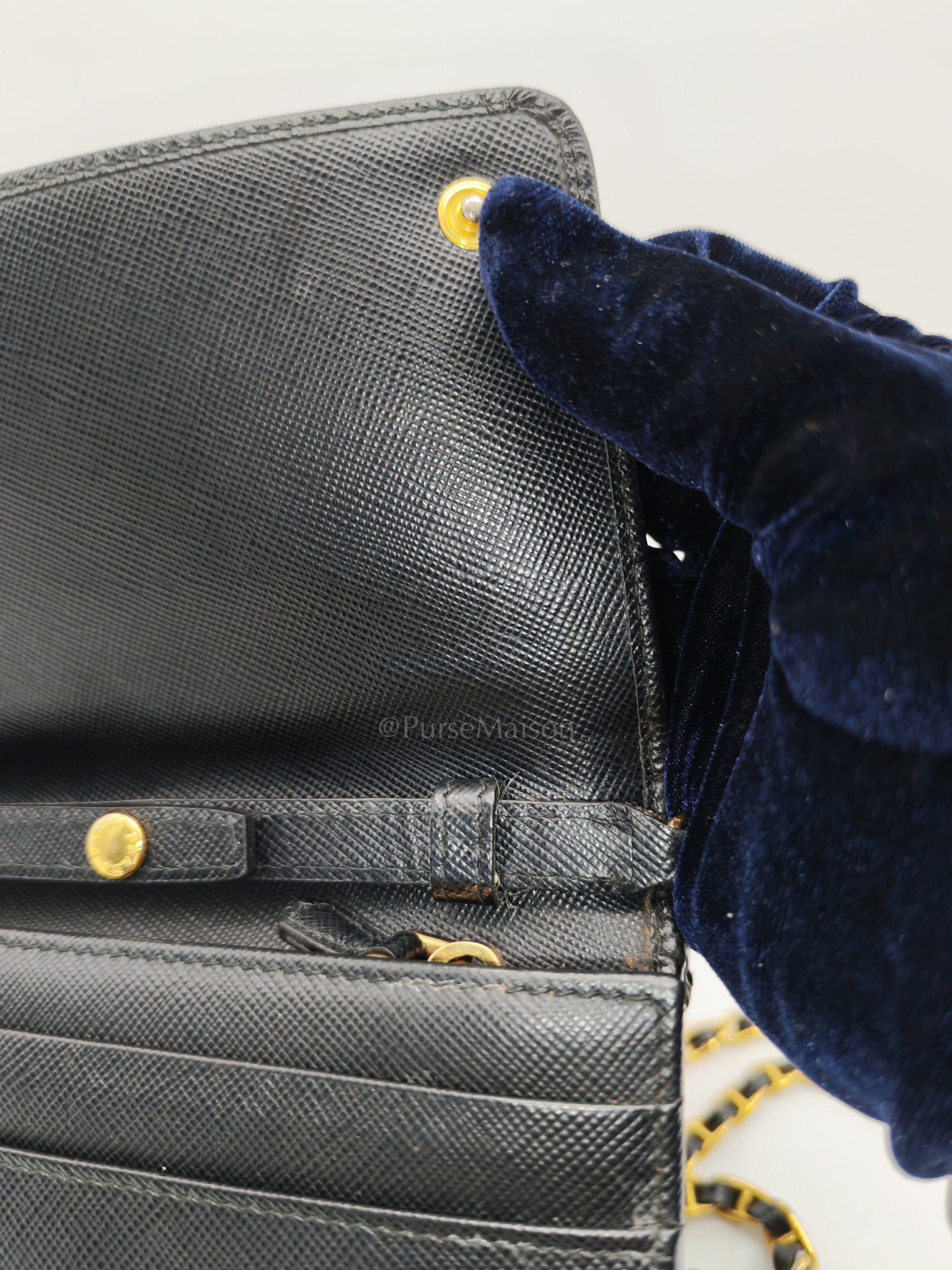 Wallet On Chain in Black Saffiano Leather & Gold Hardware | Purse Maison Luxury Bags Shop