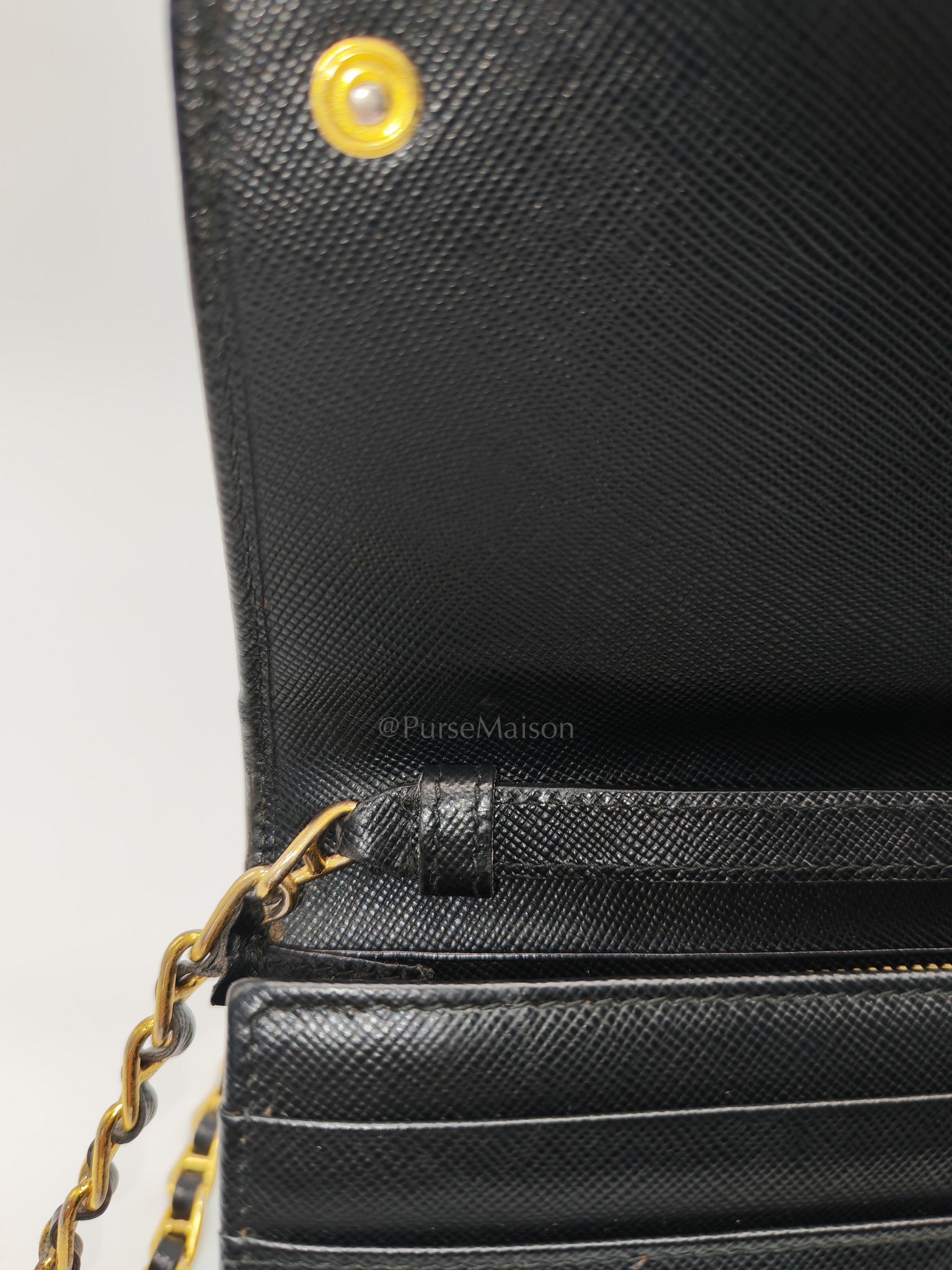 Wallet On Chain in Black Saffiano Leather & Gold Hardware | Purse Maison Luxury Bags Shop