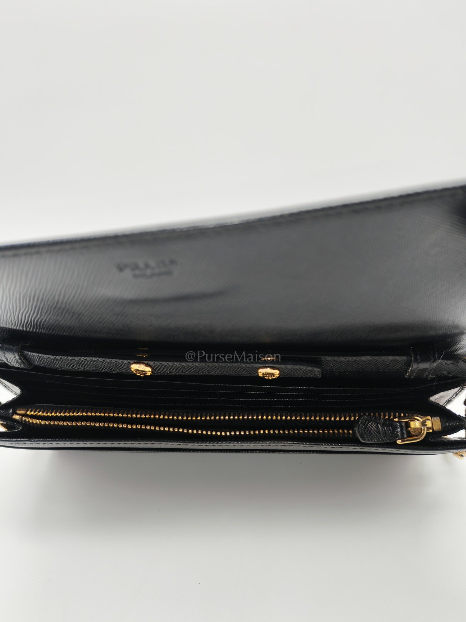 Wallet On Chain in Black Saffiano Leather & Gold Hardware | Purse Maison Luxury Bags Shop