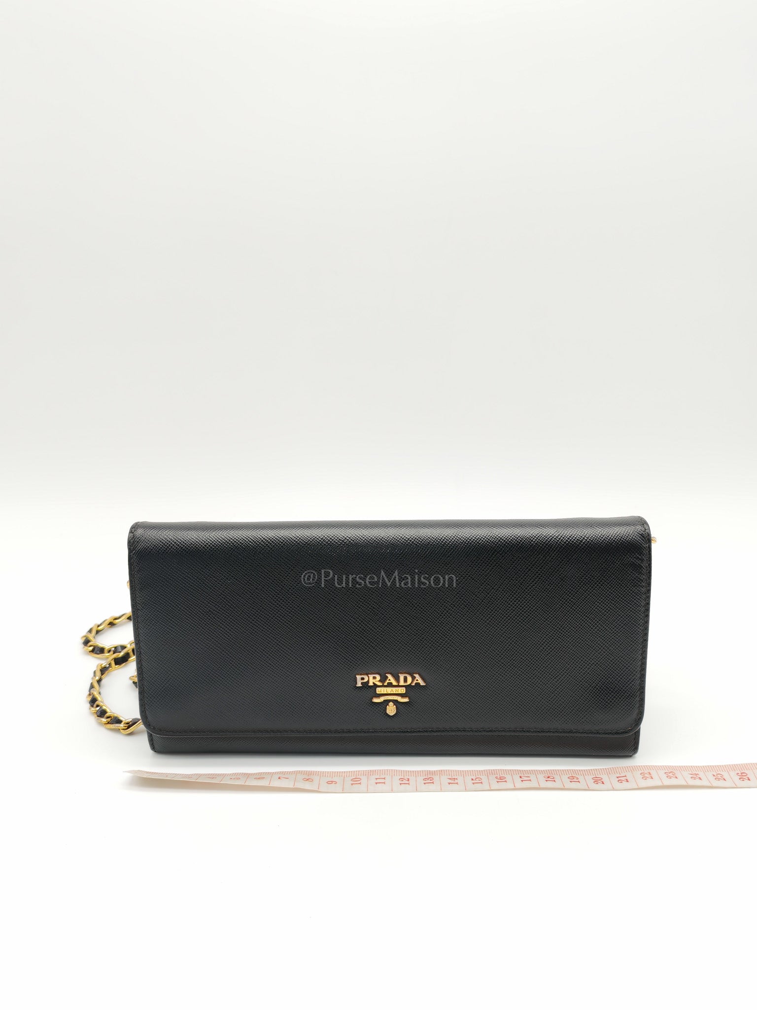 Wallet On Chain in Black Saffiano Leather & Gold Hardware | Purse Maison Luxury Bags Shop