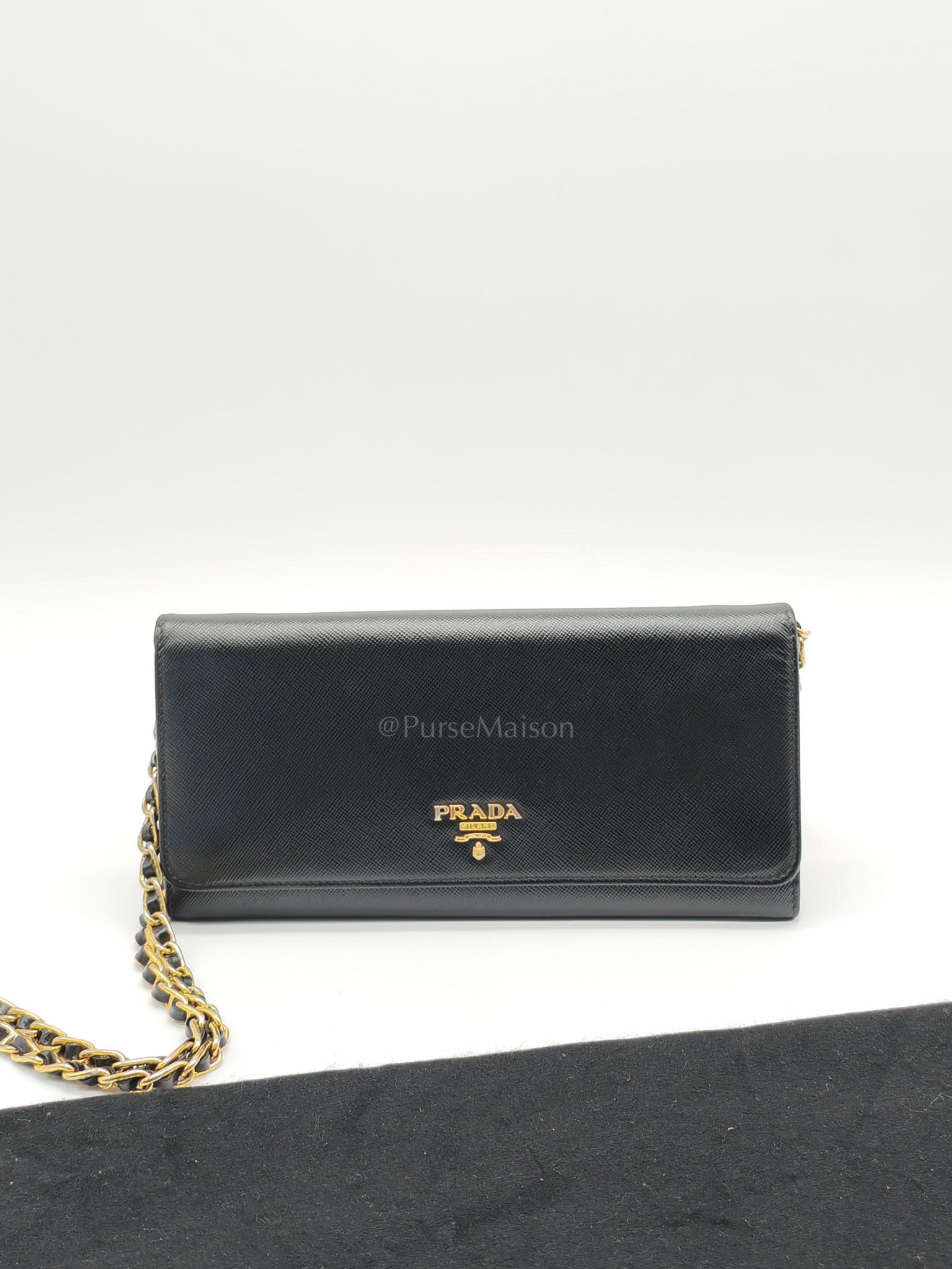 Wallet On Chain in Black Saffiano Leather & Gold Hardware | Purse Maison Luxury Bags Shop