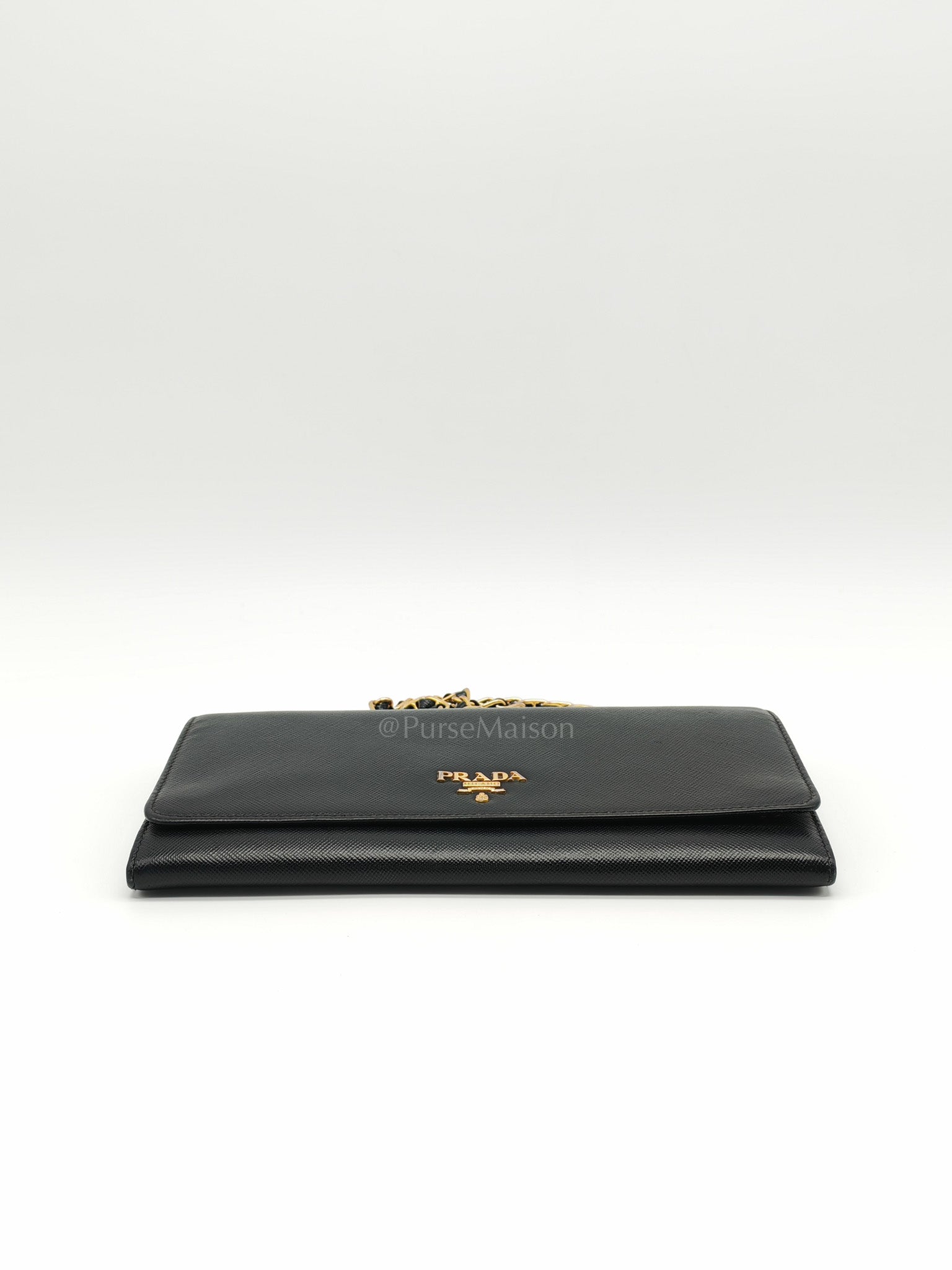 Wallet On Chain in Black Saffiano Leather & Gold Hardware | Purse Maison Luxury Bags Shop
