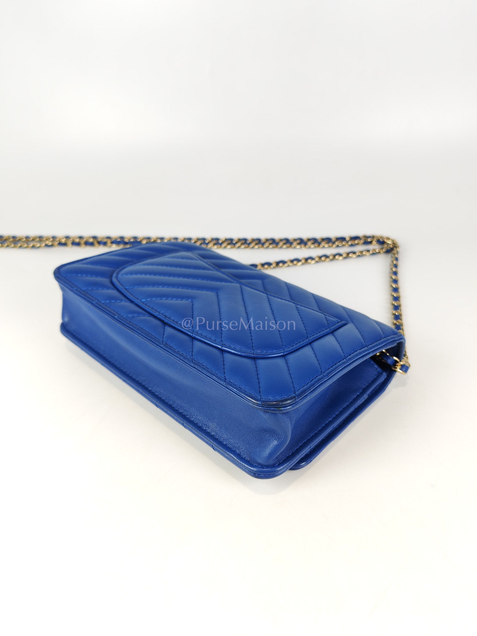 Wallet On Chain in Blue Chevron Lambskin Leather and Light Gold Hardware (Series 27) | Purse Maison Luxury Bags Shop