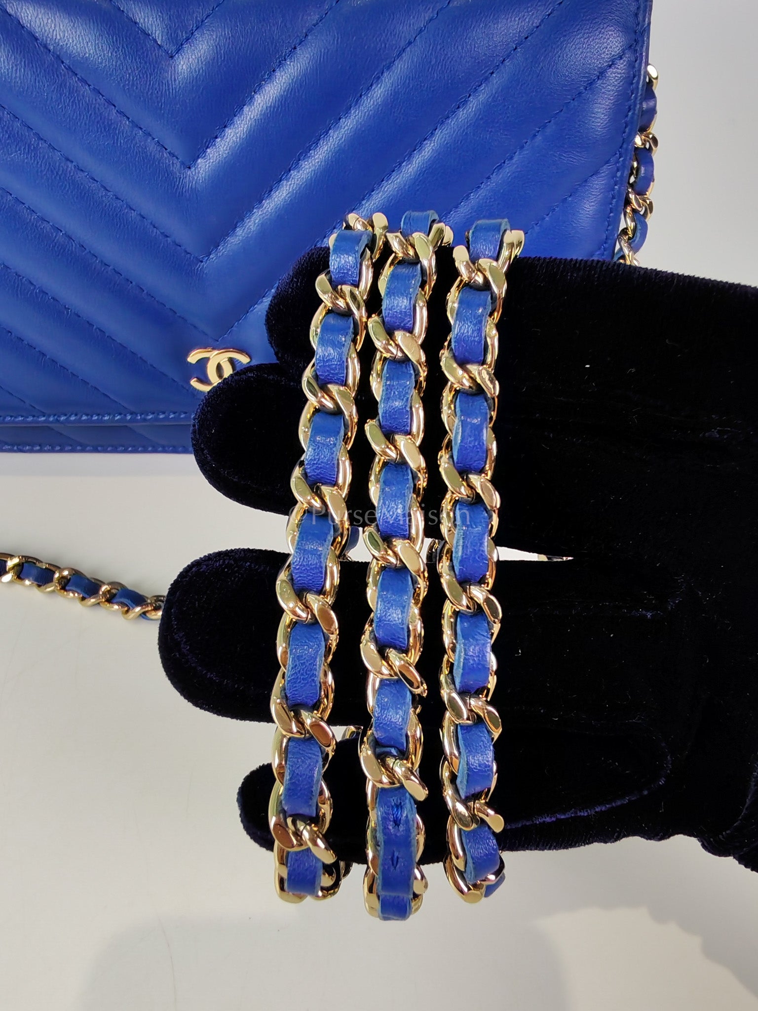 Wallet On Chain in Blue Chevron Lambskin Leather and Light Gold Hardware (Series 27) | Purse Maison Luxury Bags Shop