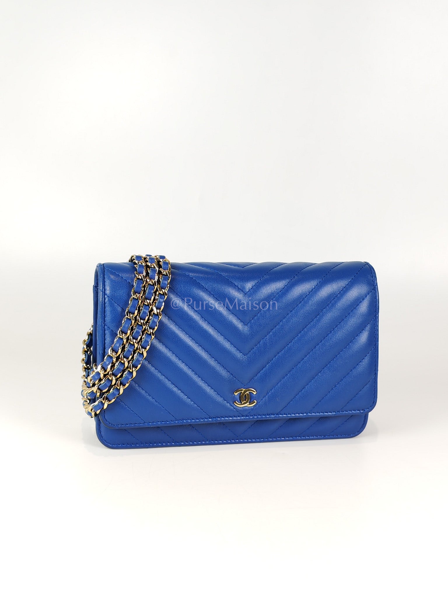 Wallet On Chain in Blue Chevron Lambskin Leather and Light Gold Hardware (Series 27) | Purse Maison Luxury Bags Shop