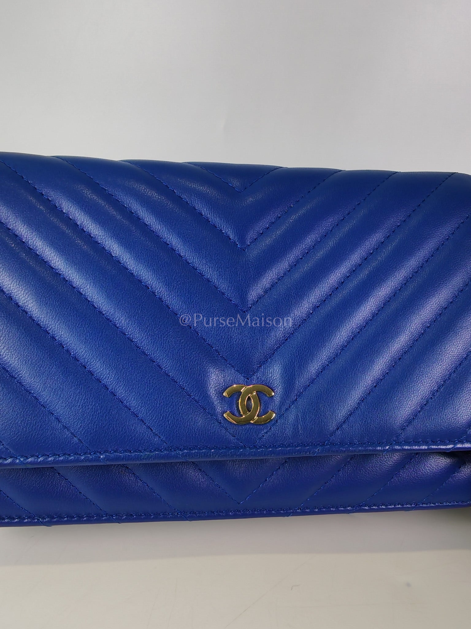 Wallet On Chain in Blue Chevron Lambskin Leather and Light Gold Hardware (Series 27) | Purse Maison Luxury Bags Shop