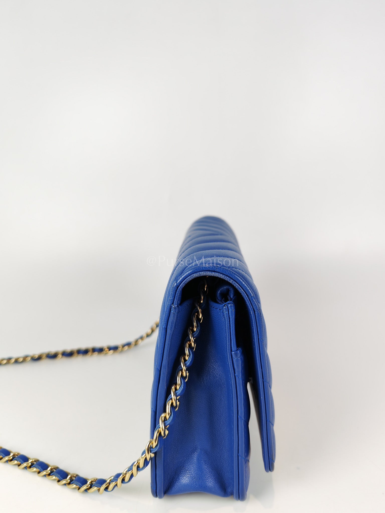 Wallet On Chain in Blue Chevron Lambskin Leather and Light Gold Hardware (Series 27) | Purse Maison Luxury Bags Shop