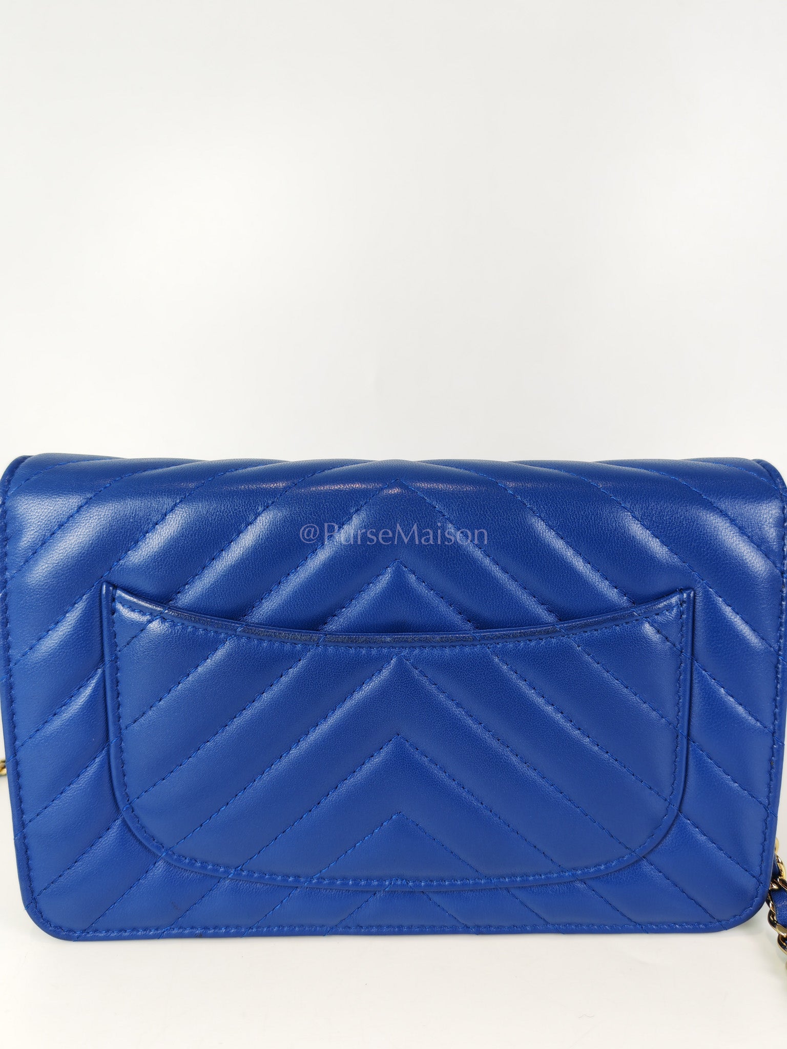 Wallet On Chain in Blue Chevron Lambskin Leather and Light Gold Hardware (Series 27) | Purse Maison Luxury Bags Shop