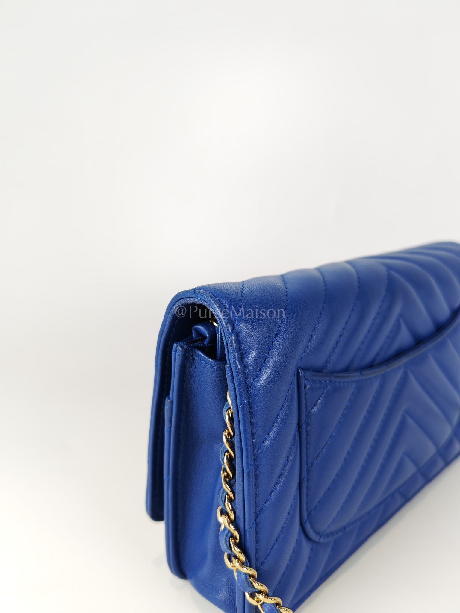Wallet On Chain in Blue Chevron Lambskin Leather and Light Gold Hardware (Series 27) | Purse Maison Luxury Bags Shop