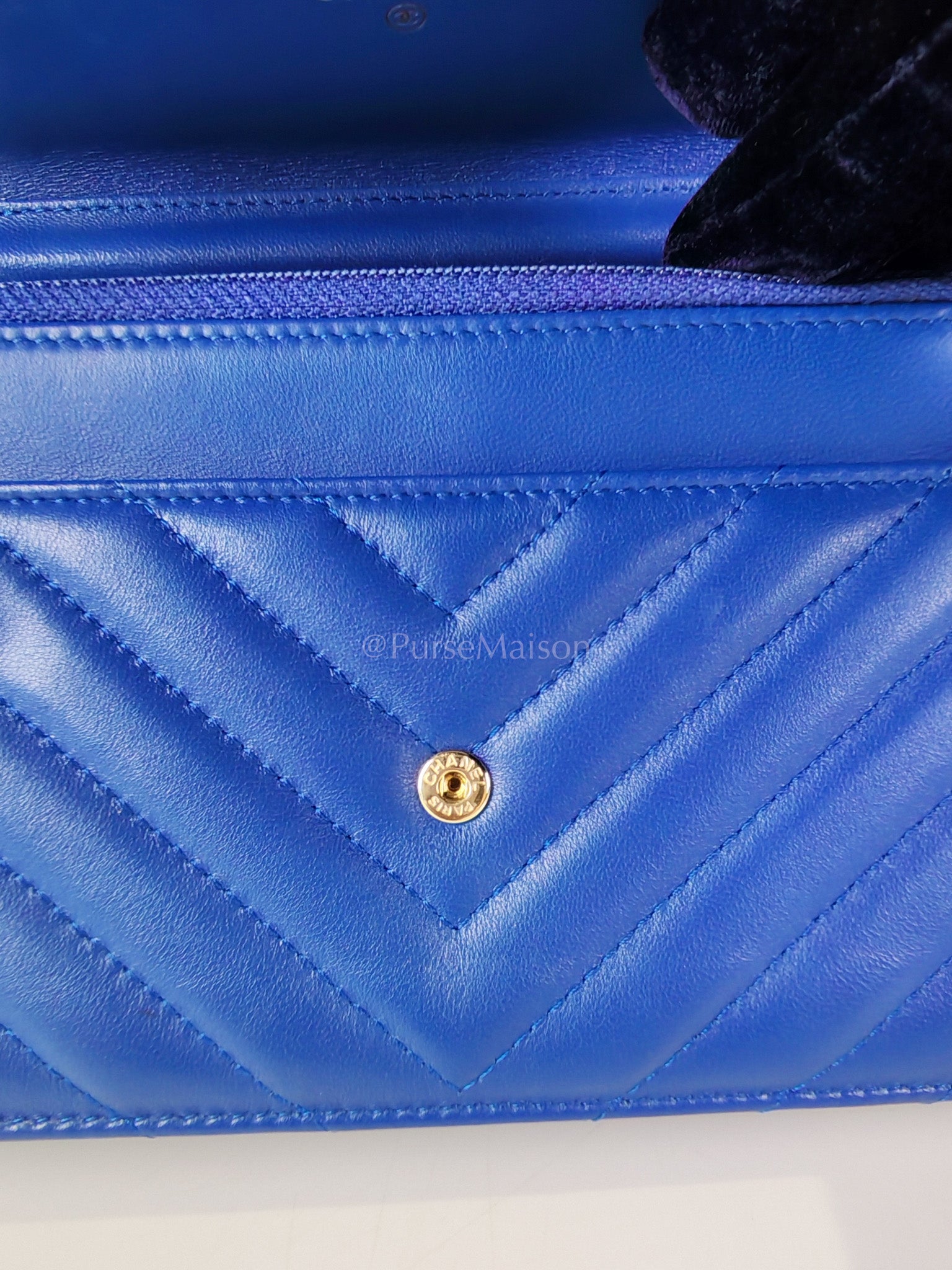 Wallet On Chain in Blue Chevron Lambskin Leather and Light Gold Hardware (Series 27) | Purse Maison Luxury Bags Shop