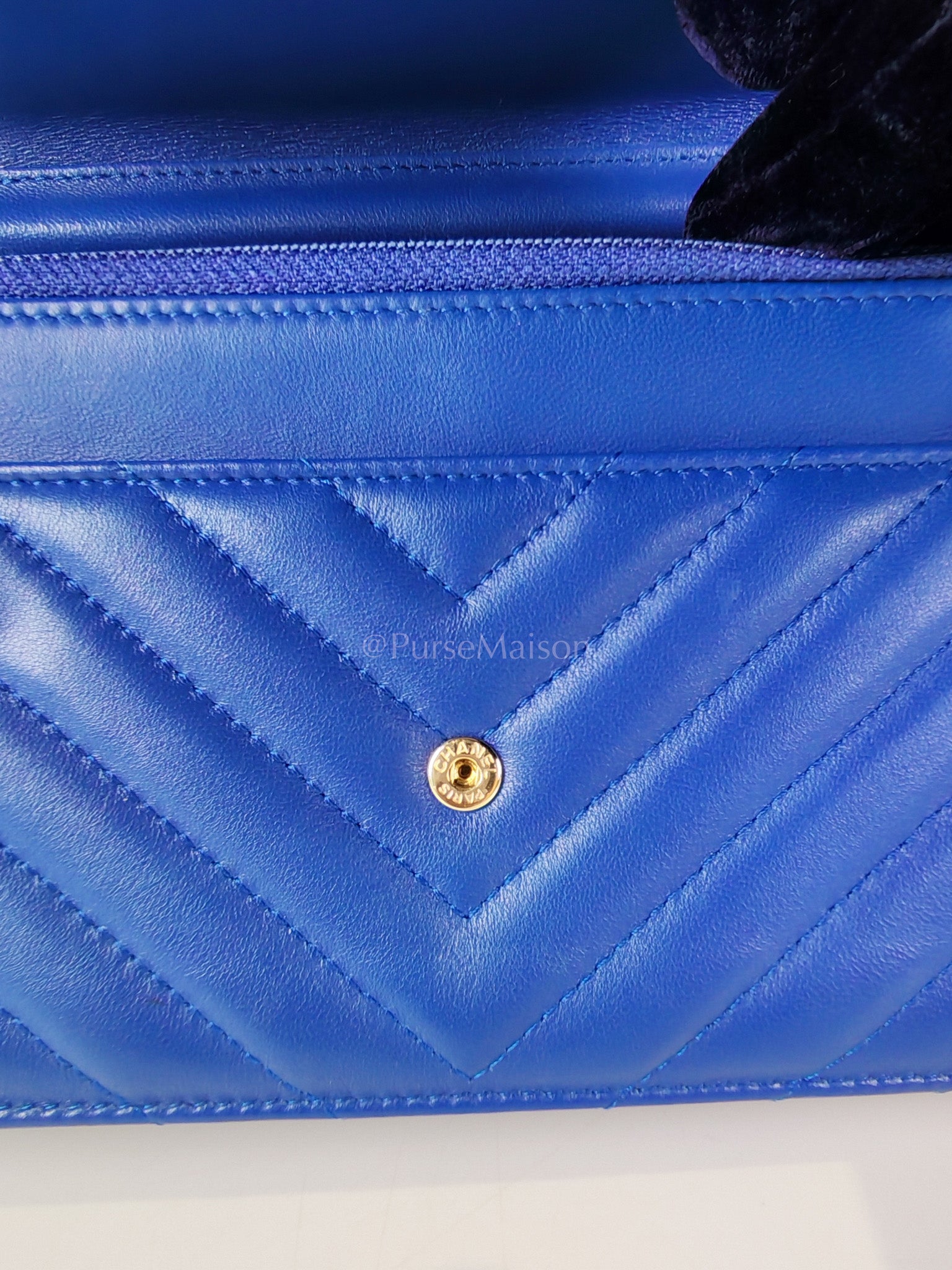 Wallet On Chain in Blue Chevron Lambskin Leather and Light Gold Hardware (Series 27) | Purse Maison Luxury Bags Shop