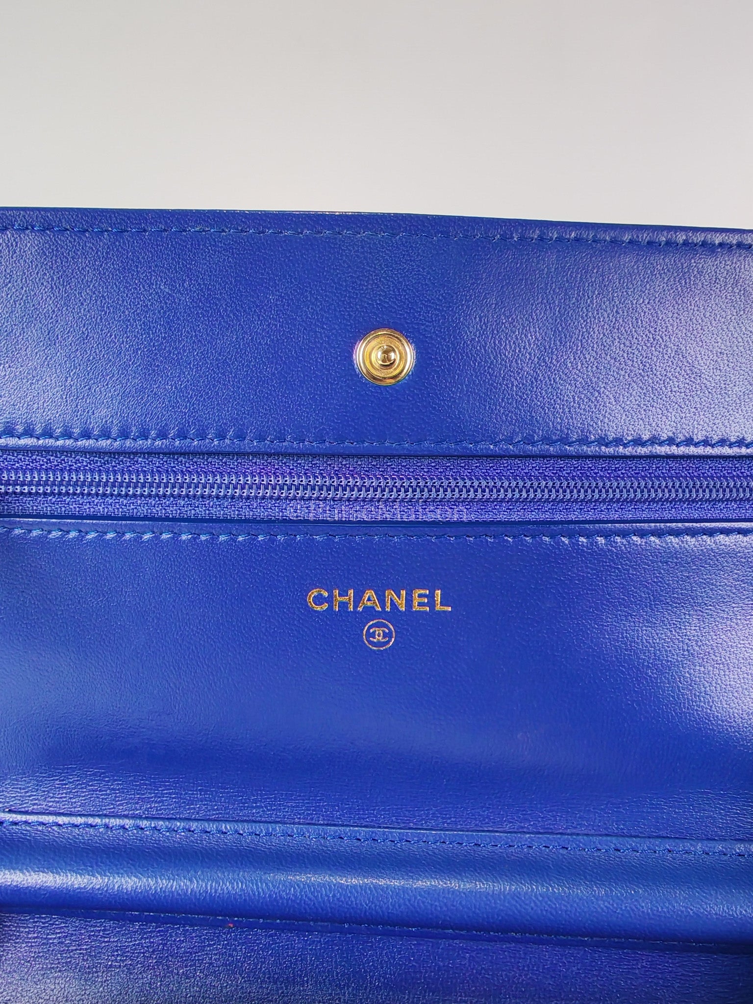 Wallet On Chain in Blue Chevron Lambskin Leather and Light Gold Hardware (Series 27) | Purse Maison Luxury Bags Shop