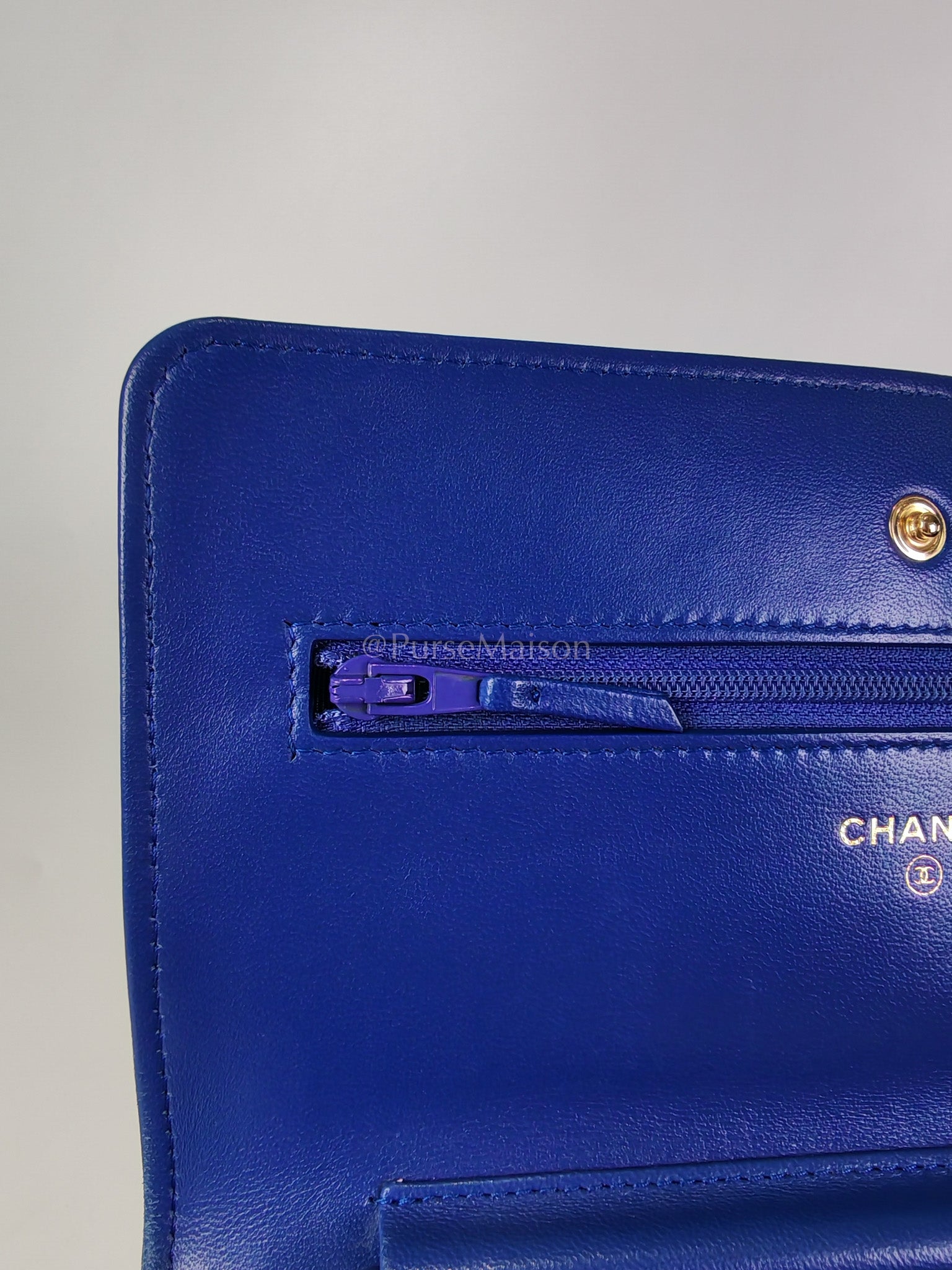 Wallet On Chain in Blue Chevron Lambskin Leather and Light Gold Hardware (Series 27) | Purse Maison Luxury Bags Shop