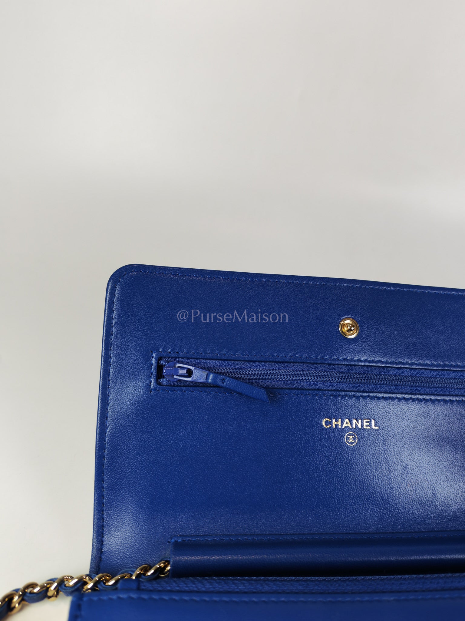 Wallet On Chain in Blue Chevron Lambskin Leather and Light Gold Hardware (Series 27) | Purse Maison Luxury Bags Shop