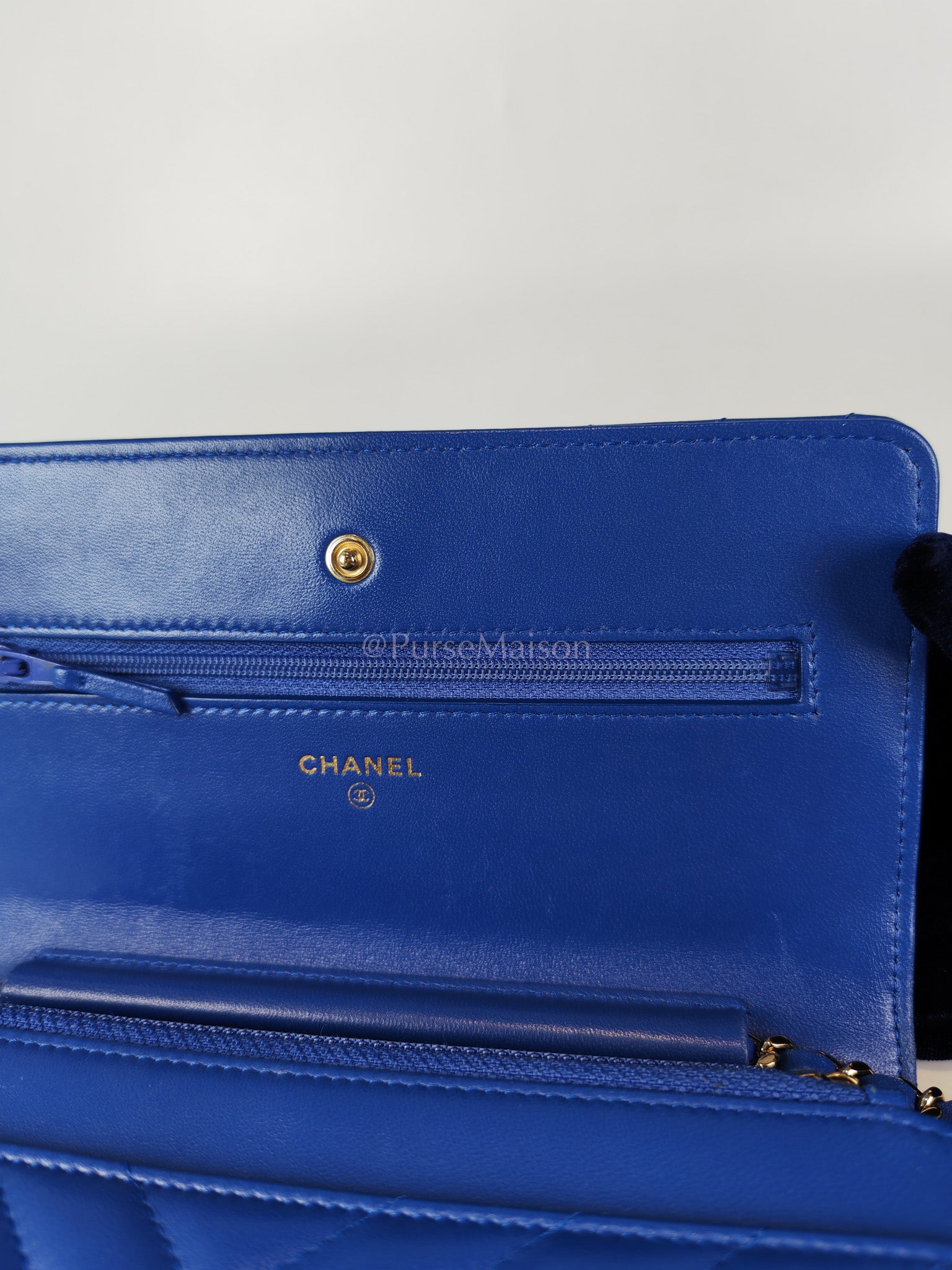 Wallet On Chain in Blue Chevron Lambskin Leather and Light Gold Hardware (Series 27) | Purse Maison Luxury Bags Shop