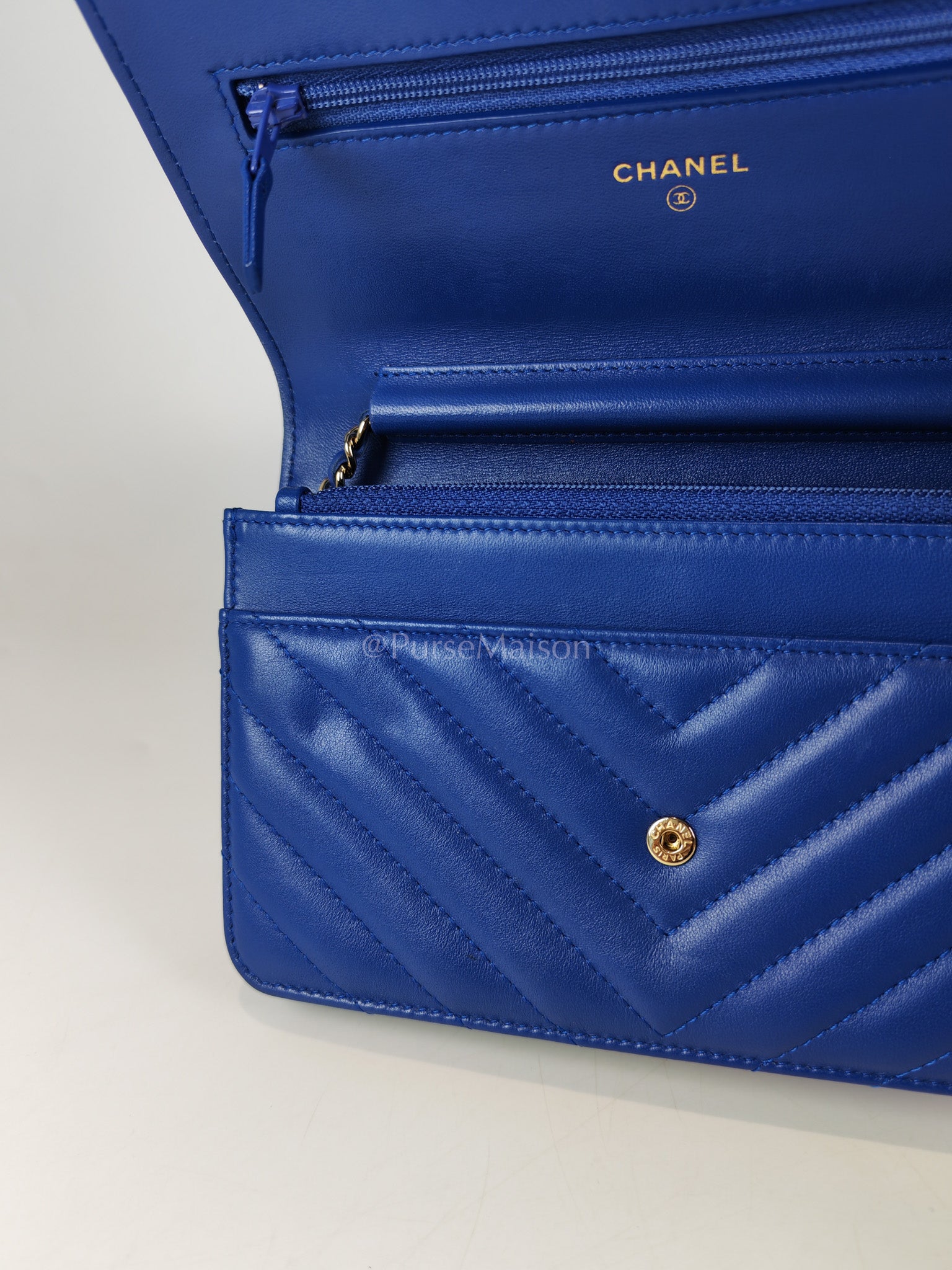 Wallet On Chain in Blue Chevron Lambskin Leather and Light Gold Hardware (Series 27) | Purse Maison Luxury Bags Shop