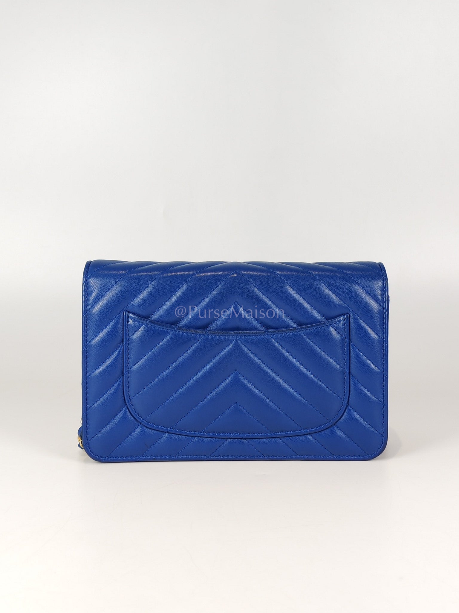 Wallet On Chain in Blue Chevron Lambskin Leather and Light Gold Hardware (Series 27) | Purse Maison Luxury Bags Shop