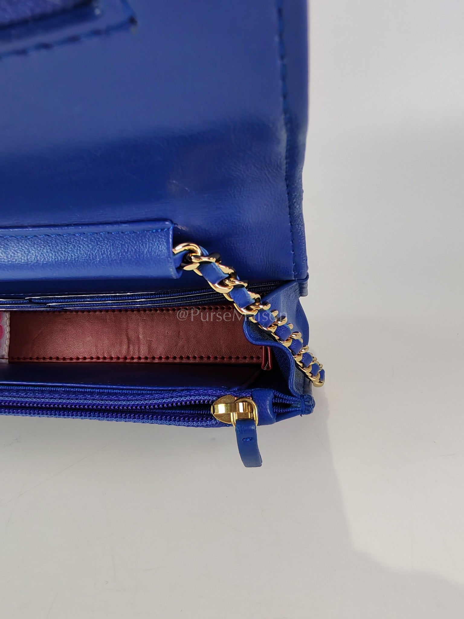 Wallet On Chain in Blue Chevron Lambskin Leather and Light Gold Hardware (Series 27) | Purse Maison Luxury Bags Shop