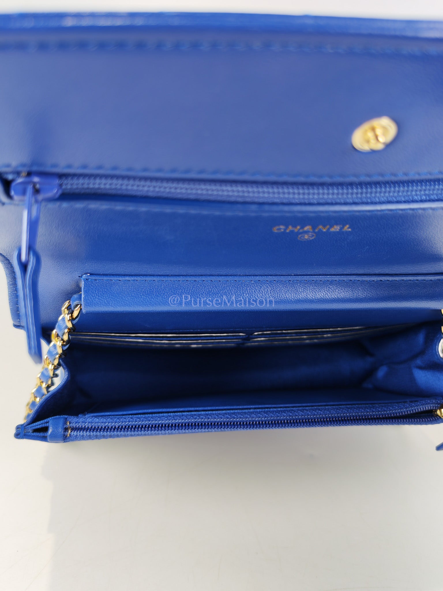 Wallet On Chain in Blue Chevron Lambskin Leather and Light Gold Hardware (Series 27) | Purse Maison Luxury Bags Shop