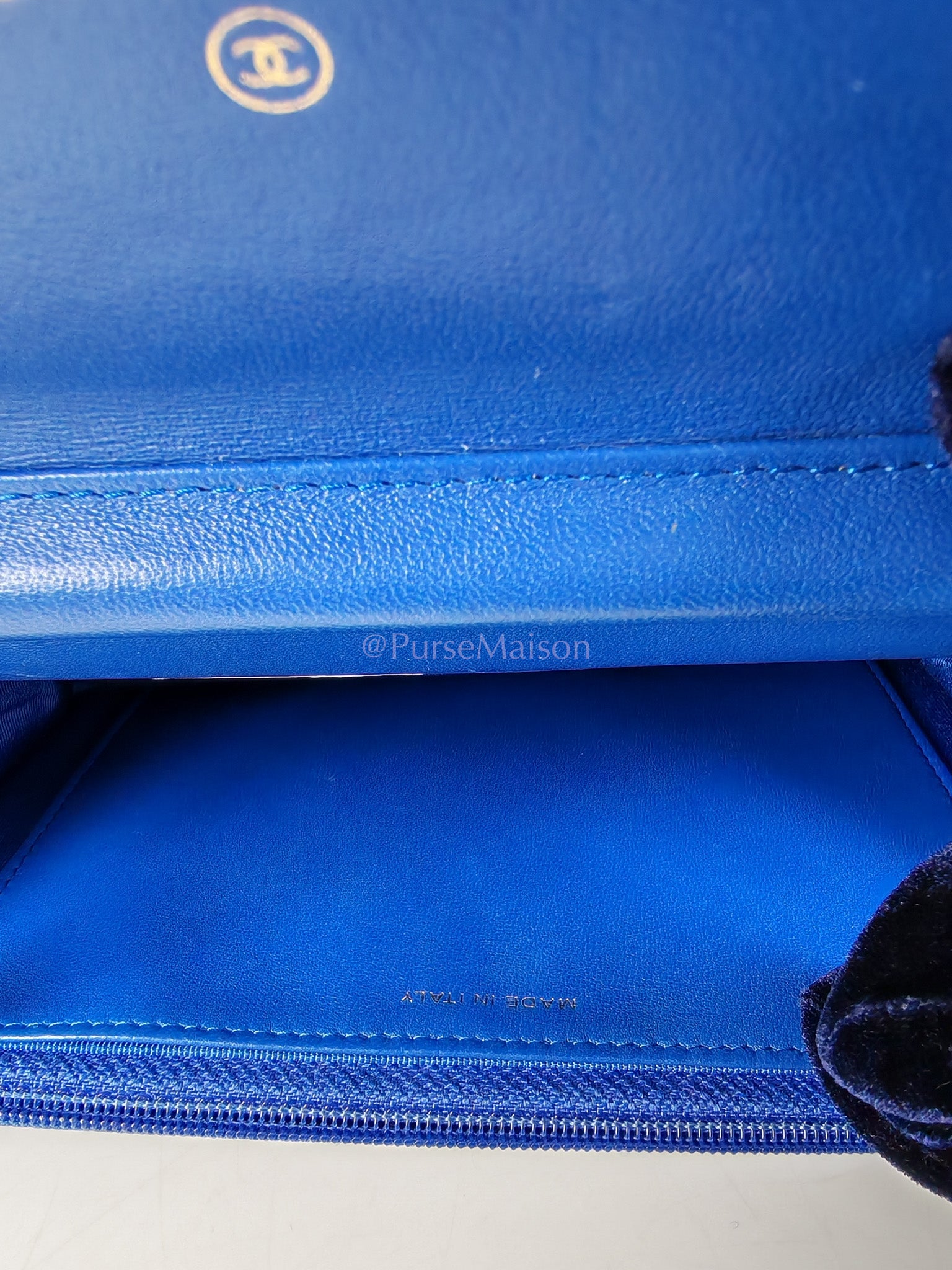 Wallet On Chain in Blue Chevron Lambskin Leather and Light Gold Hardware (Series 27) | Purse Maison Luxury Bags Shop