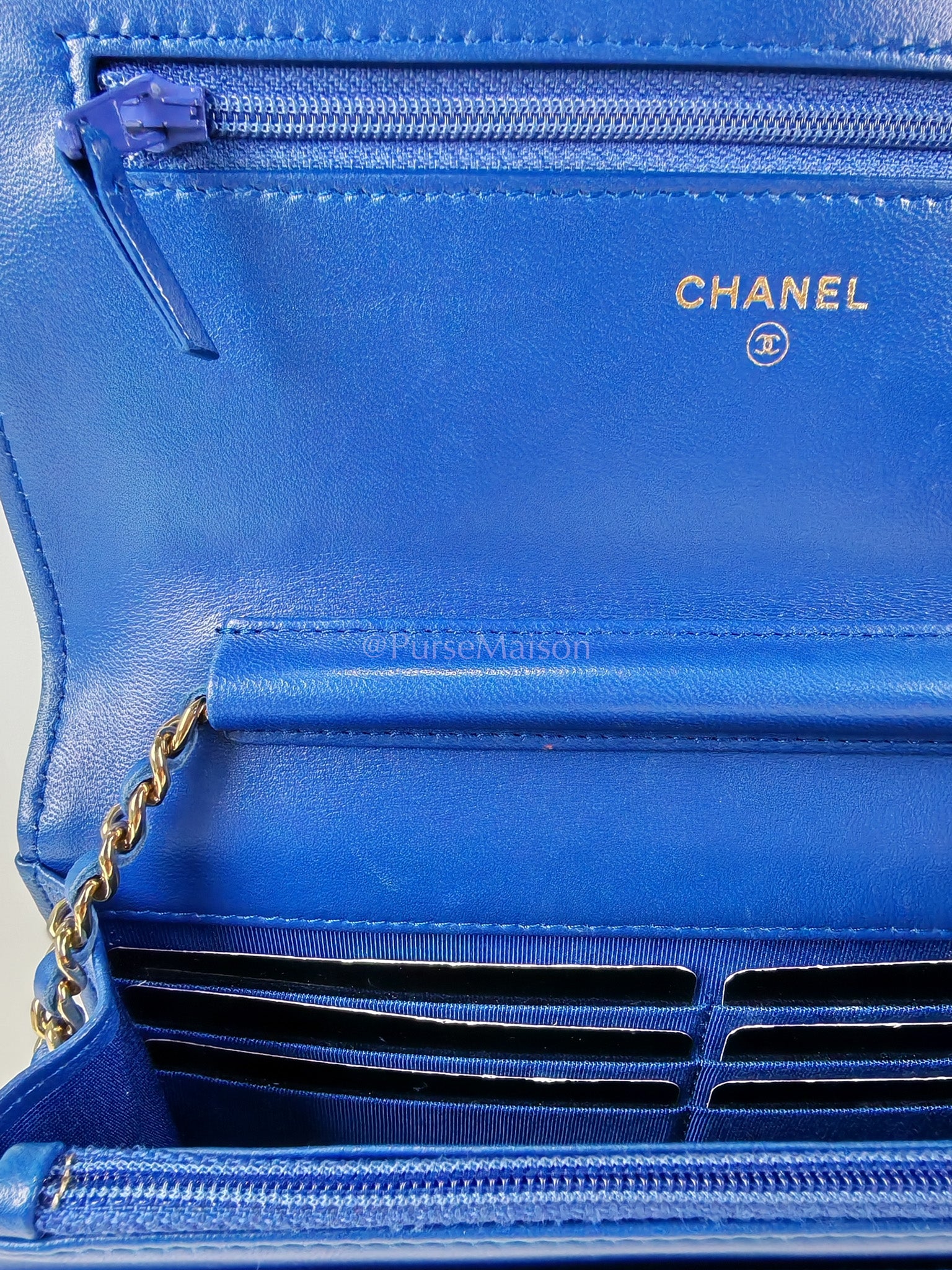 Wallet On Chain in Blue Chevron Lambskin Leather and Light Gold Hardware (Series 27) | Purse Maison Luxury Bags Shop