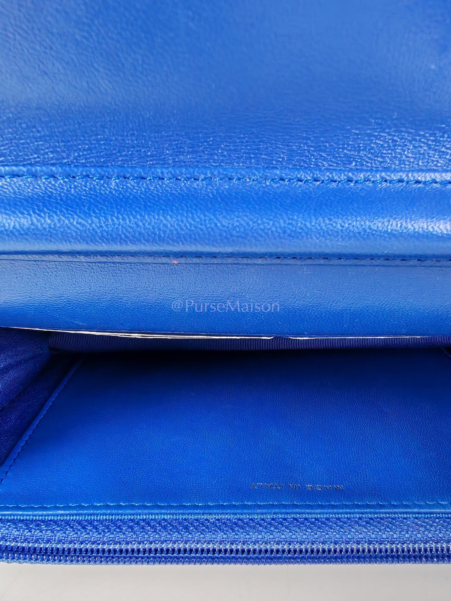 Wallet On Chain in Blue Chevron Lambskin Leather and Light Gold Hardware (Series 27) | Purse Maison Luxury Bags Shop