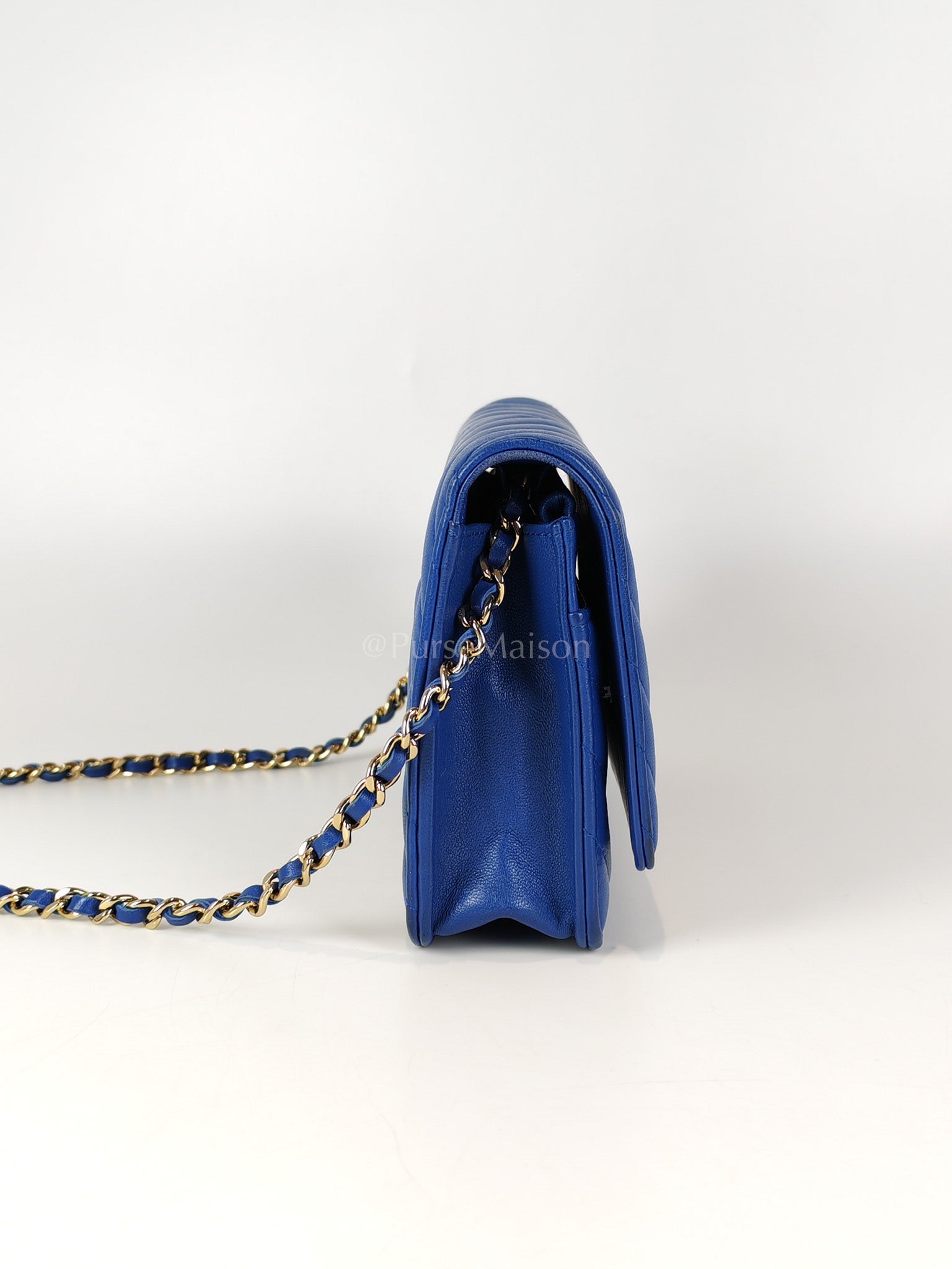 Wallet On Chain in Blue Chevron Lambskin Leather and Light Gold Hardware (Series 27) | Purse Maison Luxury Bags Shop