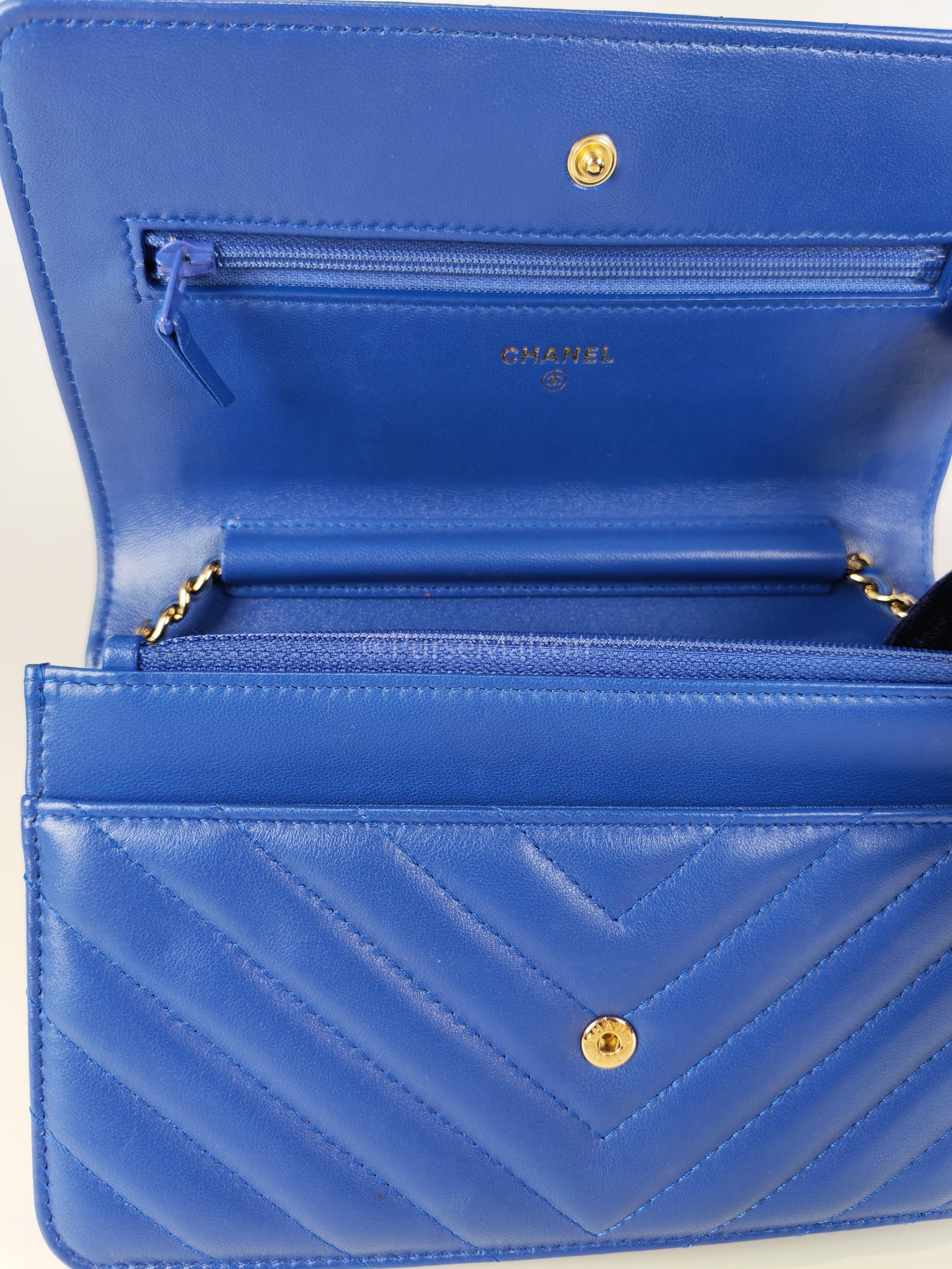 Wallet On Chain in Blue Chevron Lambskin Leather and Light Gold Hardware (Series 27) | Purse Maison Luxury Bags Shop