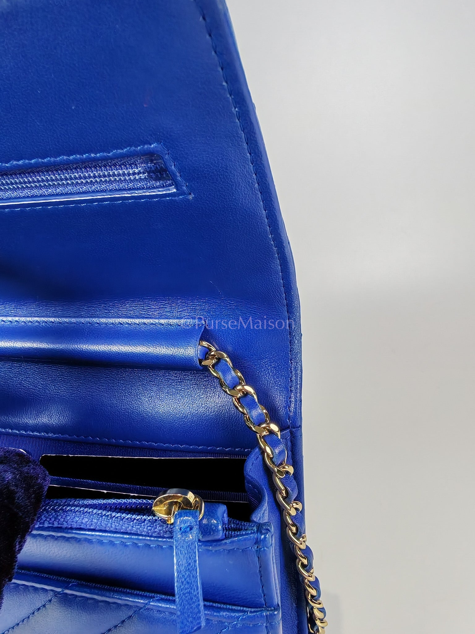 Wallet On Chain in Blue Chevron Lambskin Leather and Light Gold Hardware (Series 27) | Purse Maison Luxury Bags Shop