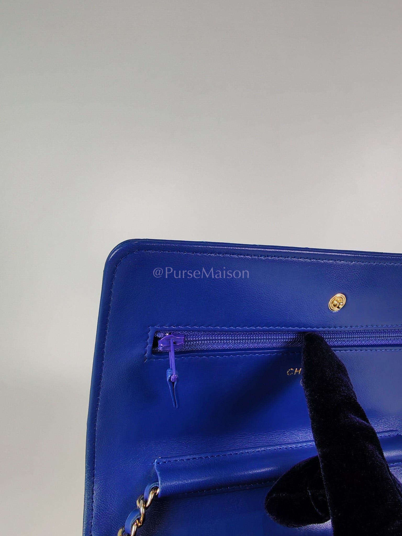 Wallet On Chain in Blue Chevron Lambskin Leather and Light Gold Hardware (Series 27) | Purse Maison Luxury Bags Shop