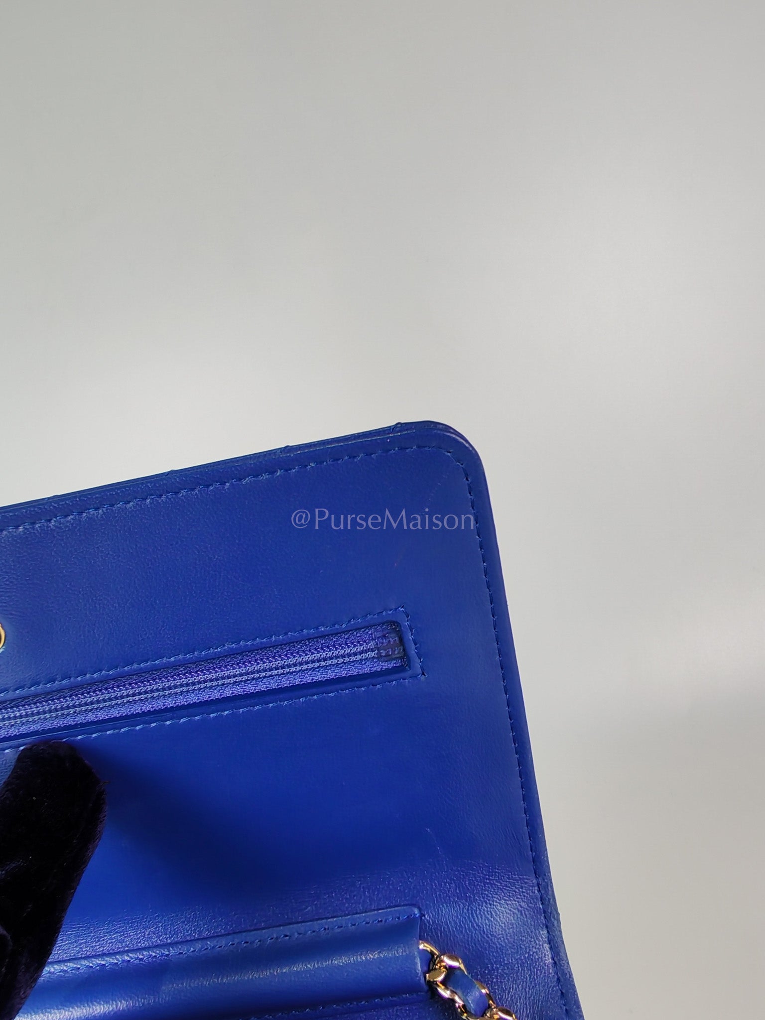 Wallet On Chain in Blue Chevron Lambskin Leather and Light Gold Hardware (Series 27) | Purse Maison Luxury Bags Shop