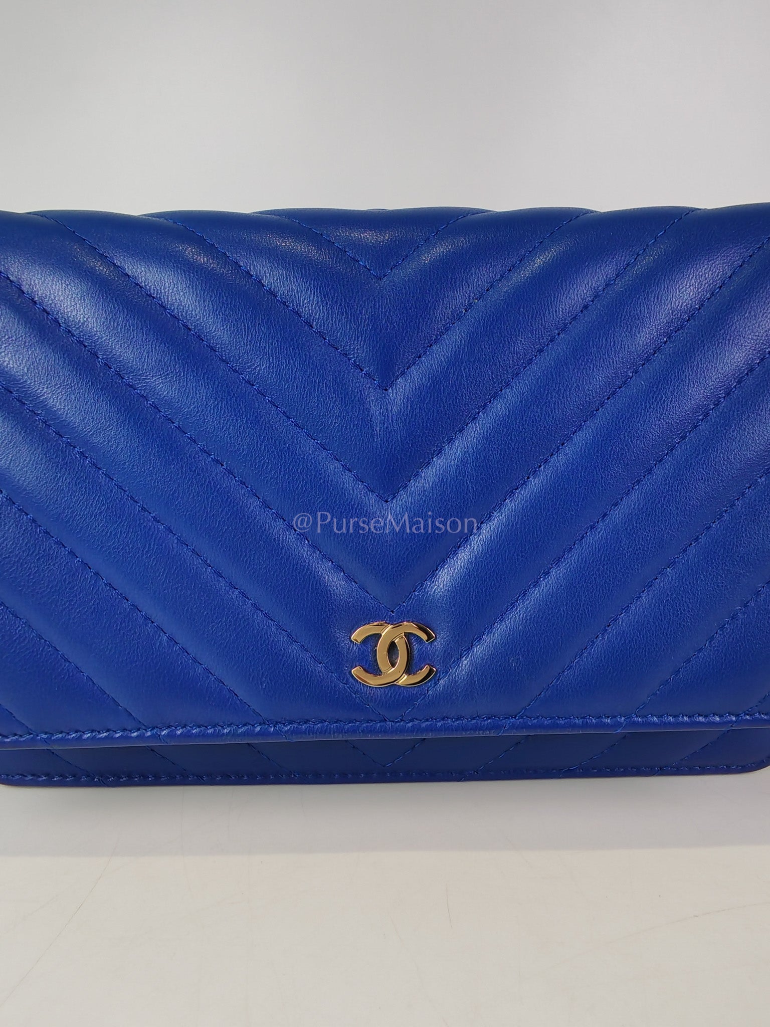 Wallet On Chain in Blue Chevron Lambskin Leather and Light Gold Hardware (Series 27) | Purse Maison Luxury Bags Shop
