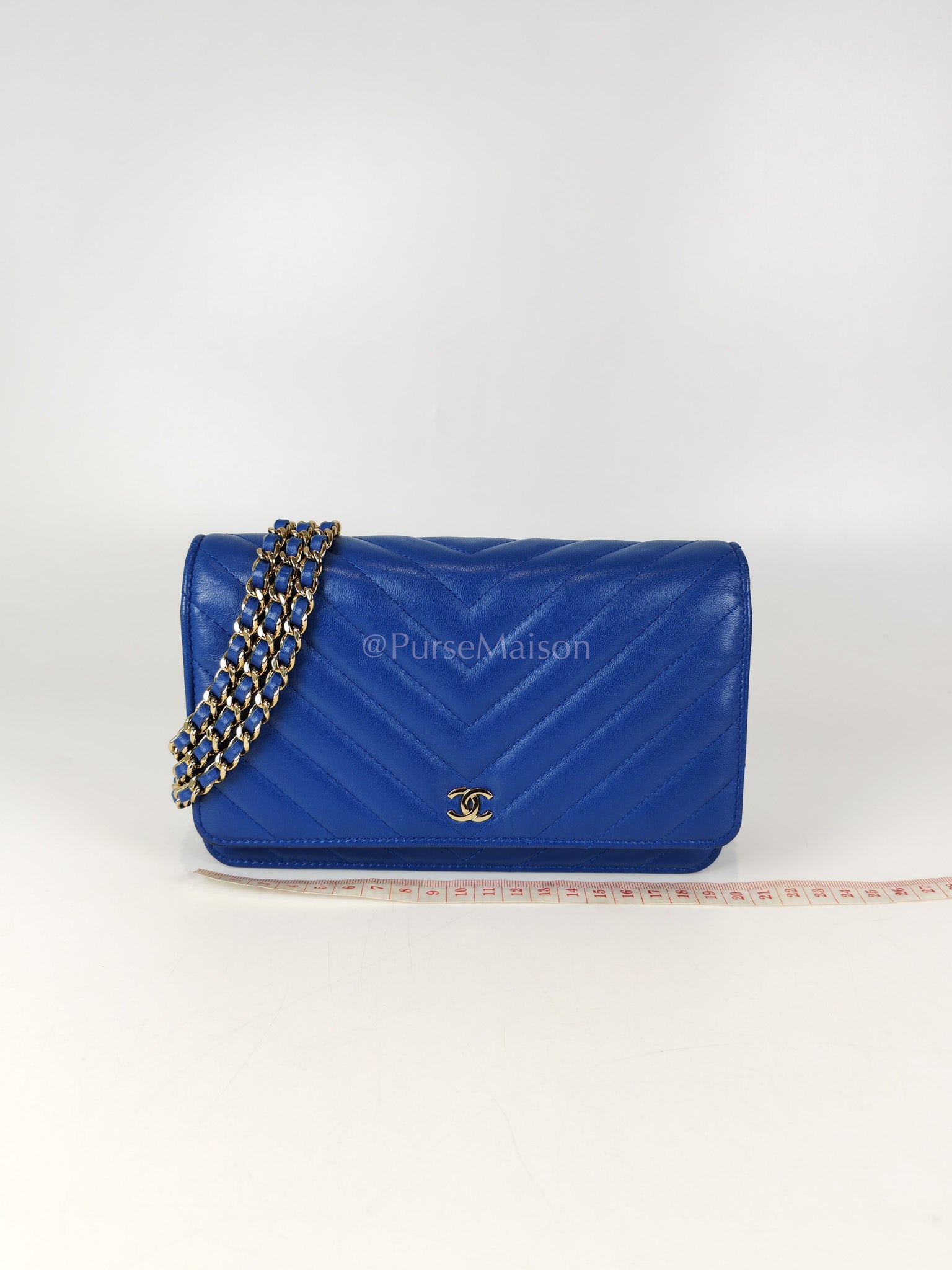 Wallet On Chain in Blue Chevron Lambskin Leather and Light Gold Hardware (Series 27) | Purse Maison Luxury Bags Shop