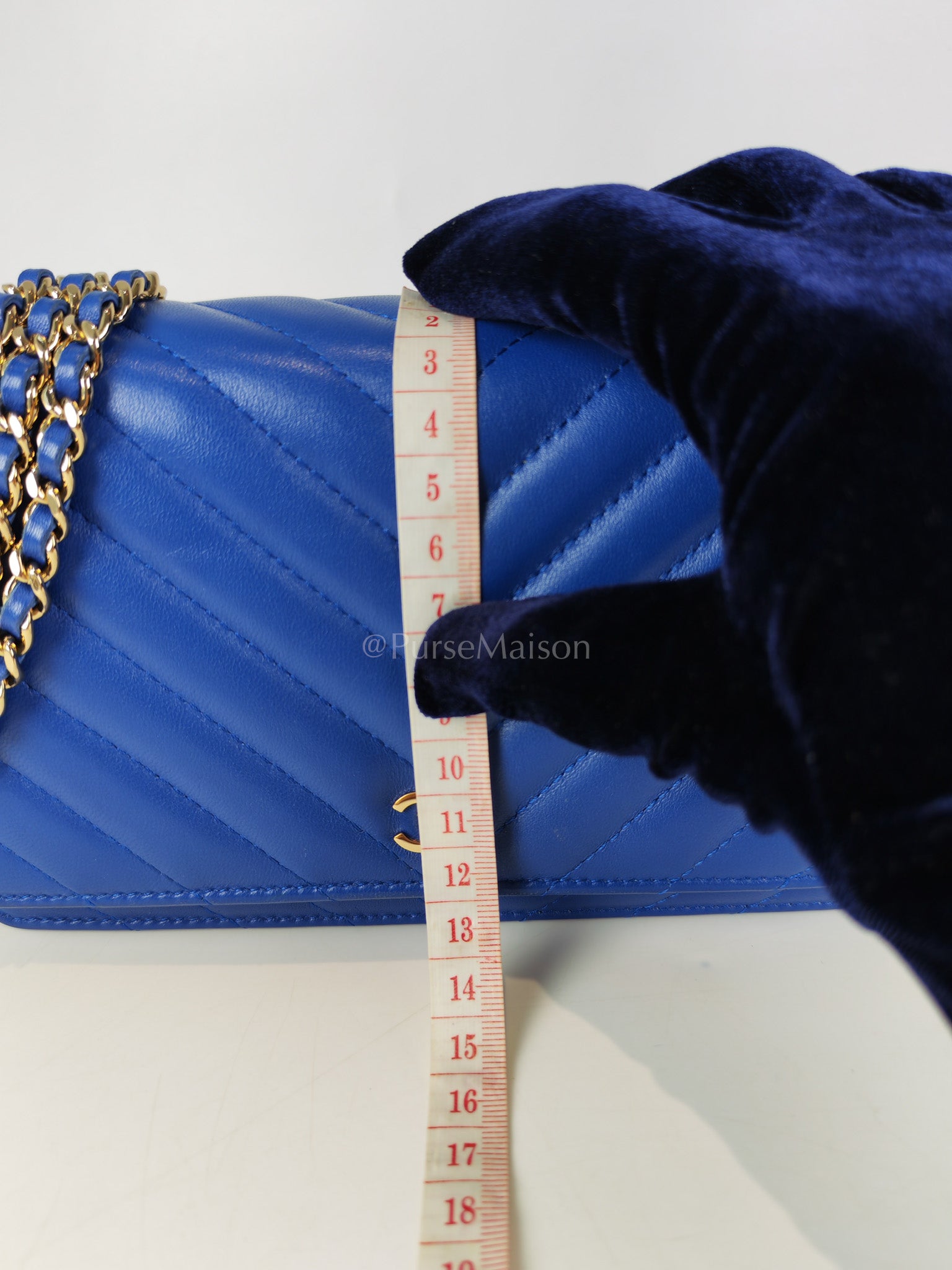 Wallet On Chain in Blue Chevron Lambskin Leather and Light Gold Hardware (Series 27) | Purse Maison Luxury Bags Shop