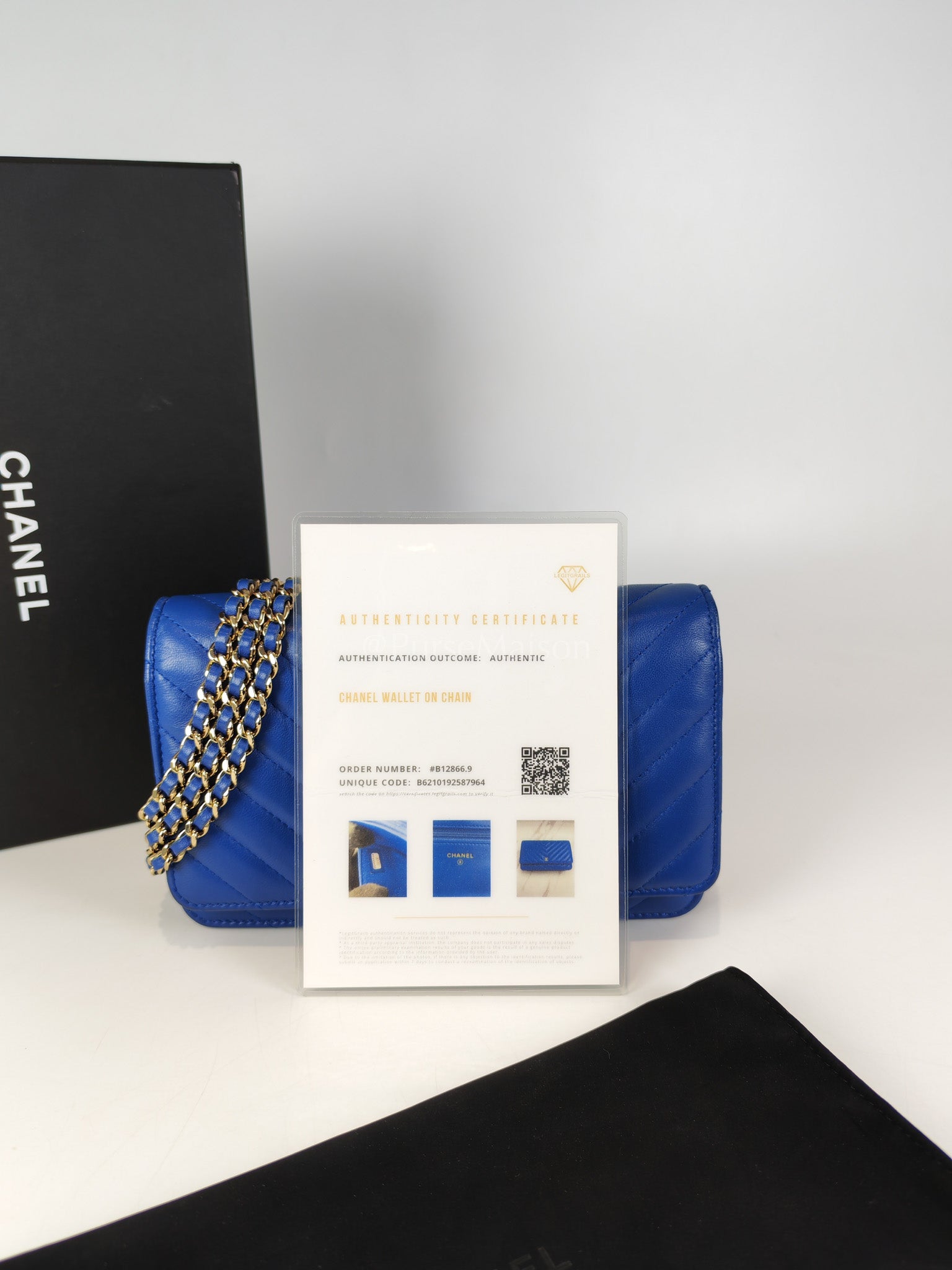 Wallet On Chain in Blue Chevron Lambskin Leather and Light Gold Hardware (Series 27) | Purse Maison Luxury Bags Shop