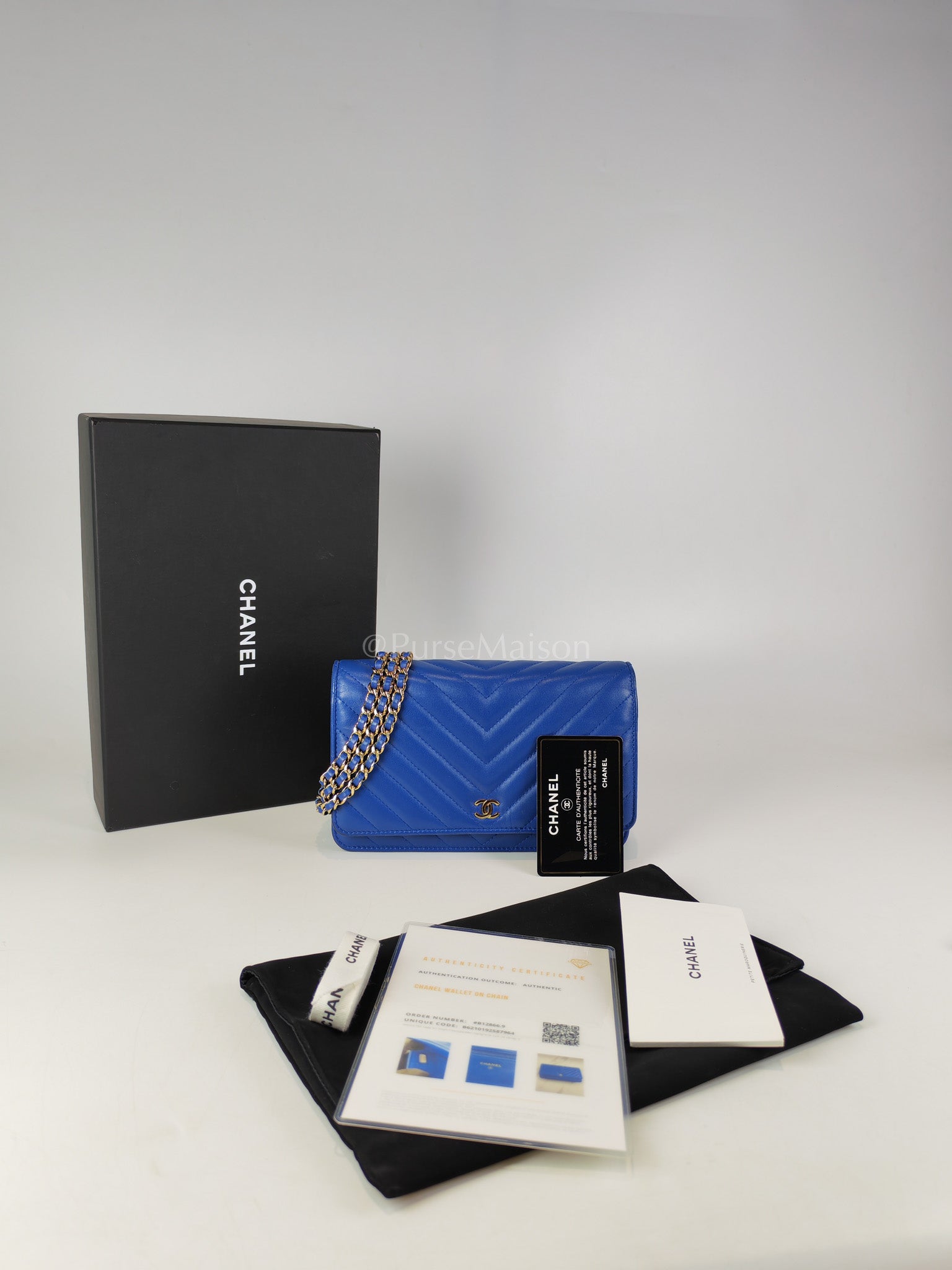 Wallet On Chain in Blue Chevron Lambskin Leather and Light Gold Hardware (Series 27) | Purse Maison Luxury Bags Shop