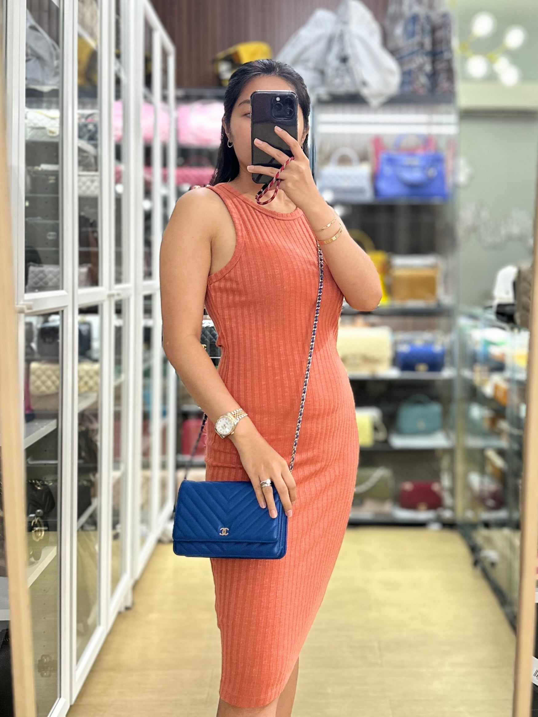 Wallet On Chain in Blue Chevron Lambskin Leather and Light Gold Hardware (Series 27) | Purse Maison Luxury Bags Shop