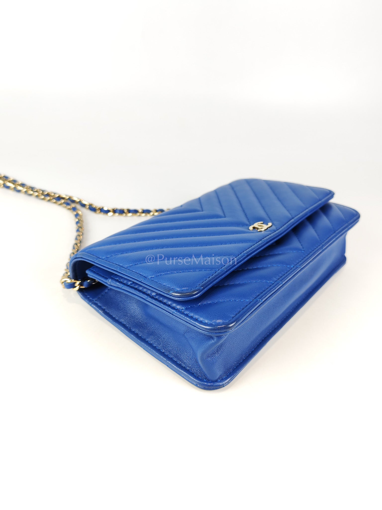 Wallet On Chain in Blue Chevron Lambskin Leather and Light Gold Hardware (Series 27) | Purse Maison Luxury Bags Shop