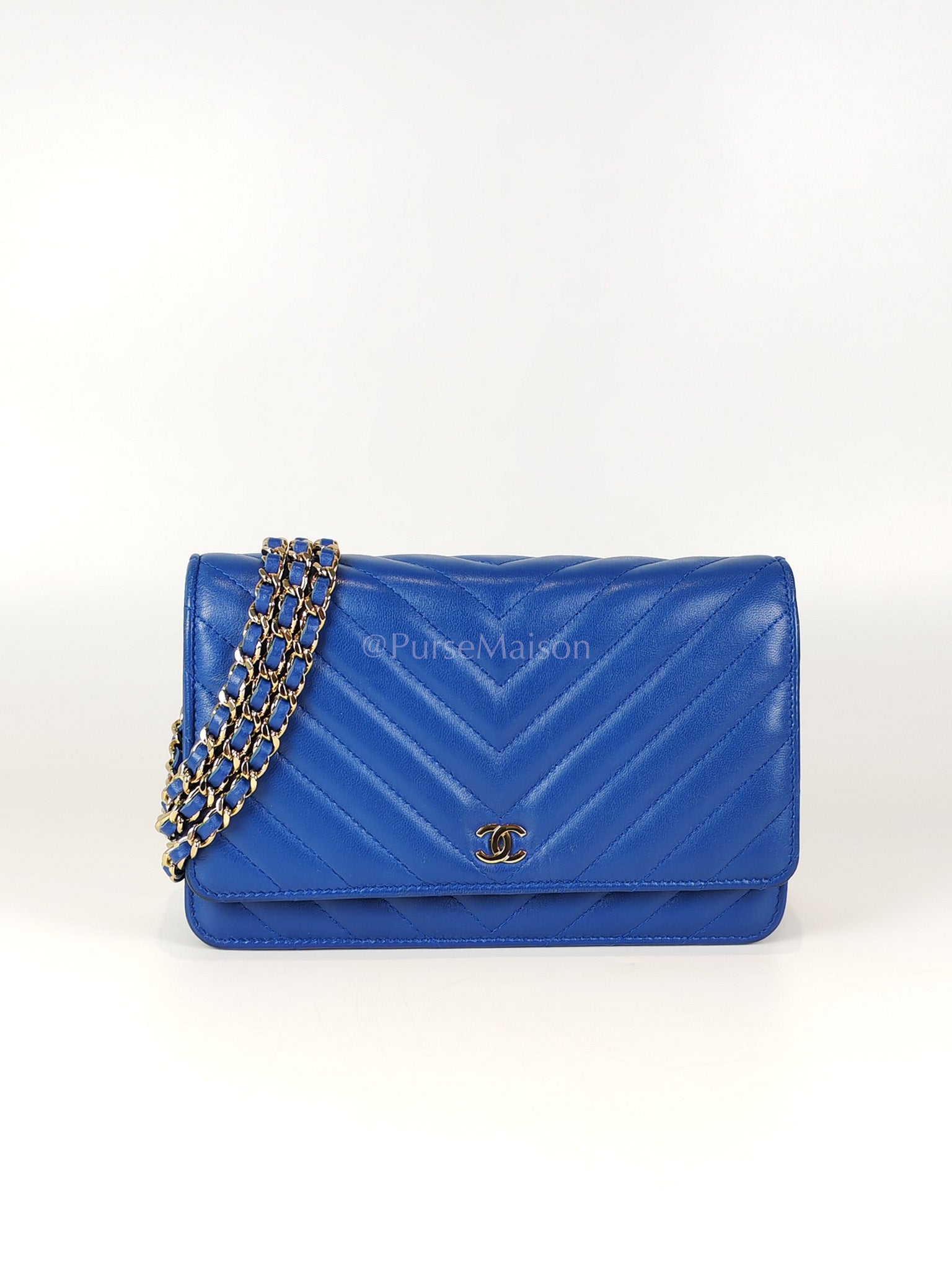 Wallet On Chain in Blue Chevron Lambskin Leather and Light Gold Hardware (Series 27) | Purse Maison Luxury Bags Shop