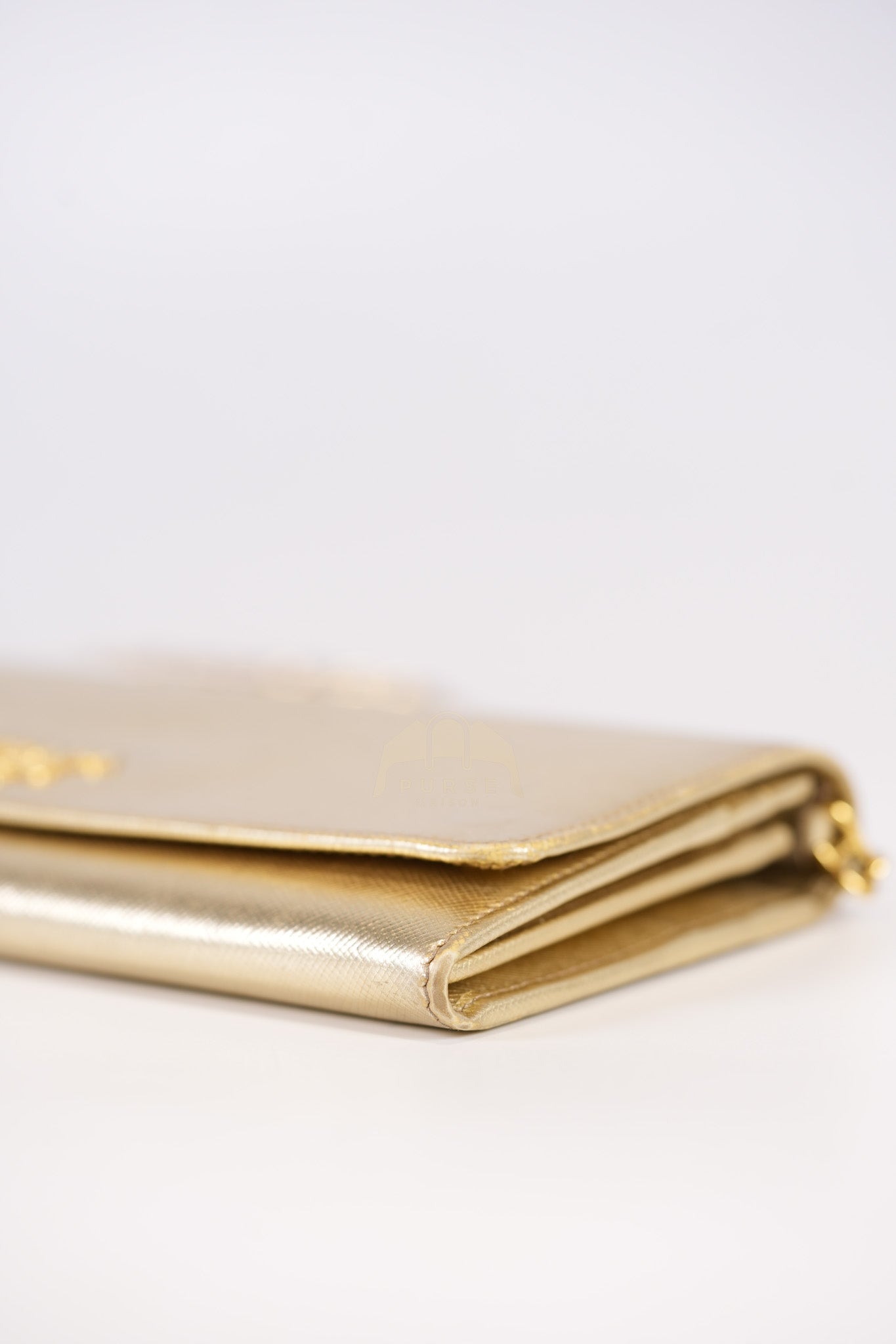 Wallet on Chain in Gold Saffiano Metal Leather & Gold Hardware | Purse Maison Luxury Bags Shop