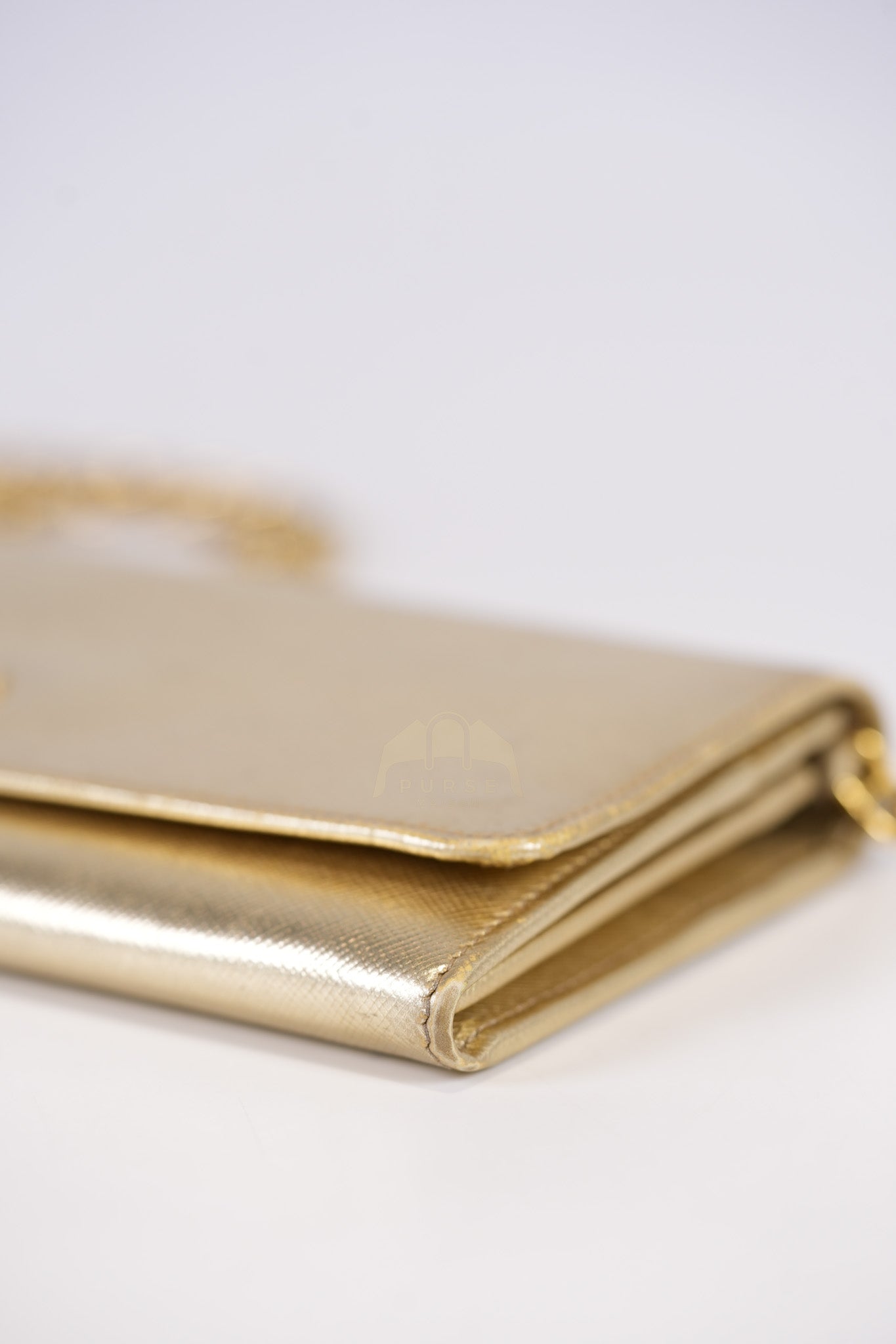 Wallet on Chain in Gold Saffiano Metal Leather & Gold Hardware | Purse Maison Luxury Bags Shop