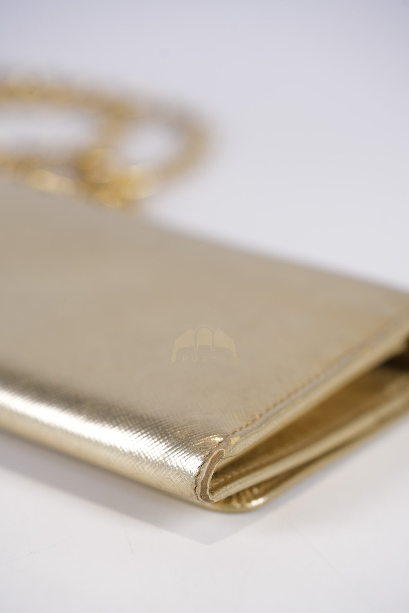 Wallet on Chain in Gold Saffiano Metal Leather & Gold Hardware | Purse Maison Luxury Bags Shop