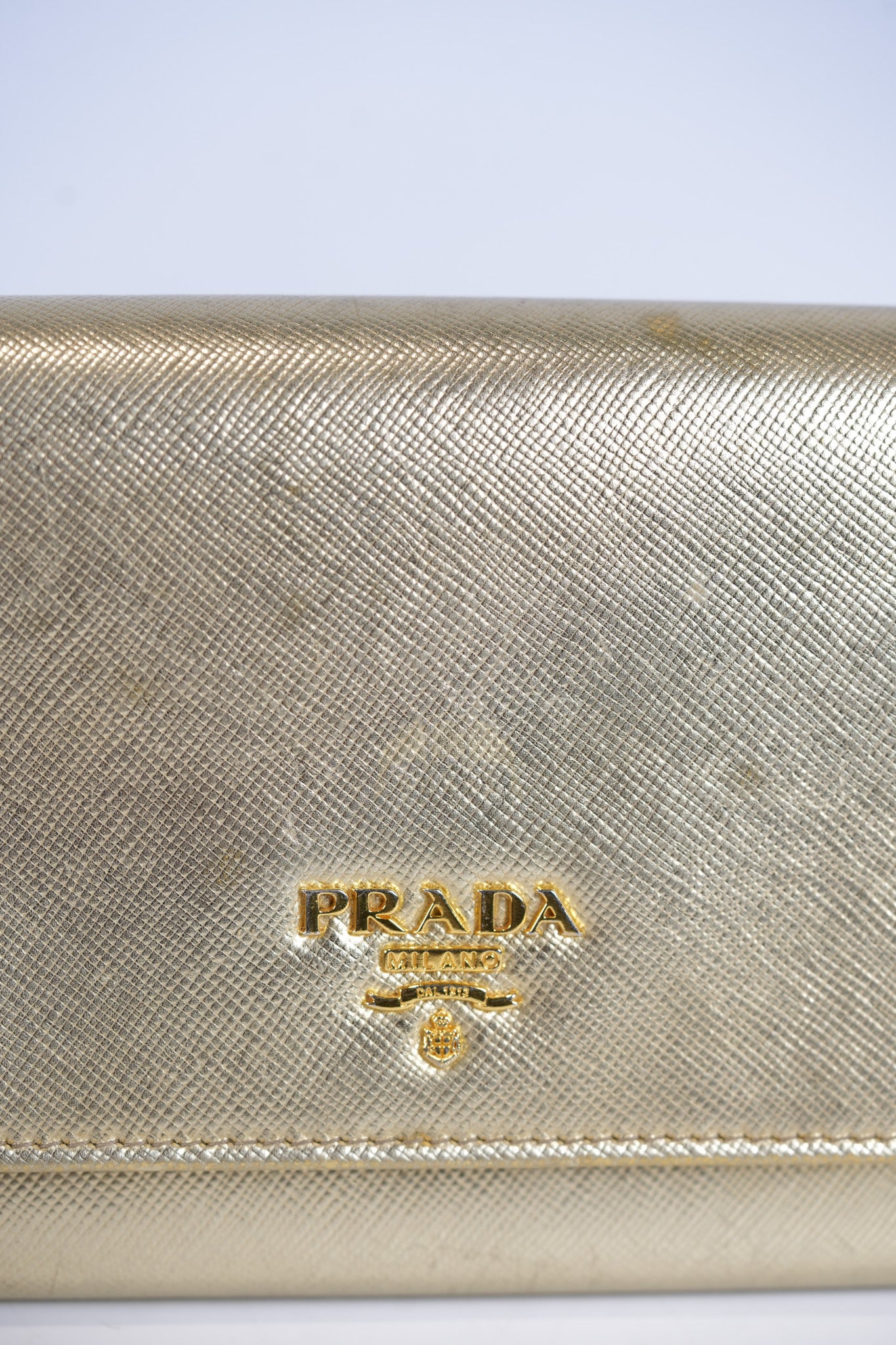 Wallet on Chain in Gold Saffiano Metal Leather & Gold Hardware | Purse Maison Luxury Bags Shop