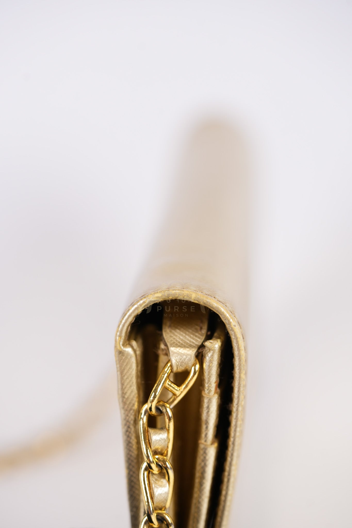 Wallet on Chain in Gold Saffiano Metal Leather & Gold Hardware | Purse Maison Luxury Bags Shop