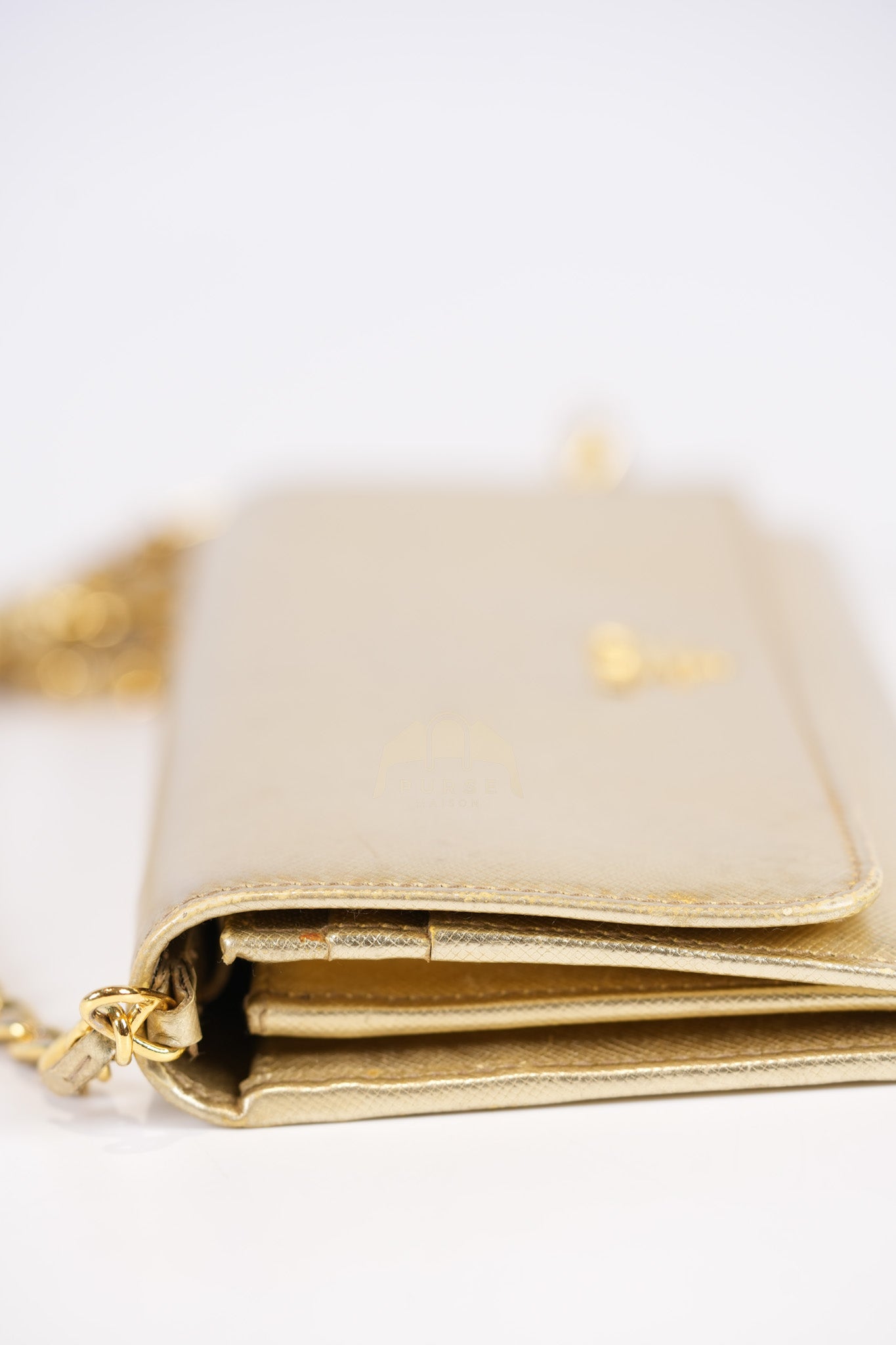 Wallet on Chain in Gold Saffiano Metal Leather & Gold Hardware | Purse Maison Luxury Bags Shop