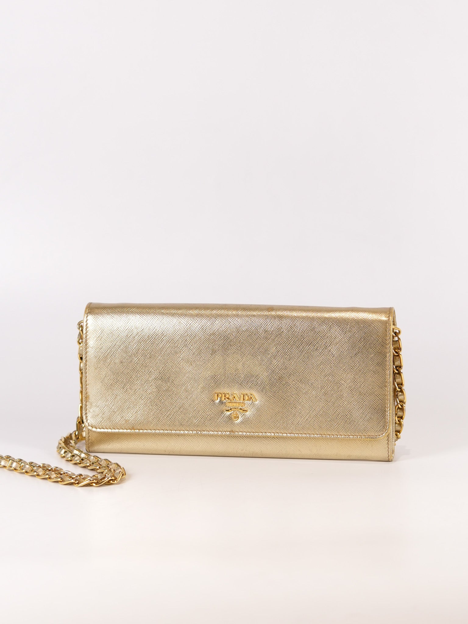 Wallet on Chain in Gold Saffiano Metal Leather & Gold Hardware | Purse Maison Luxury Bags Shop