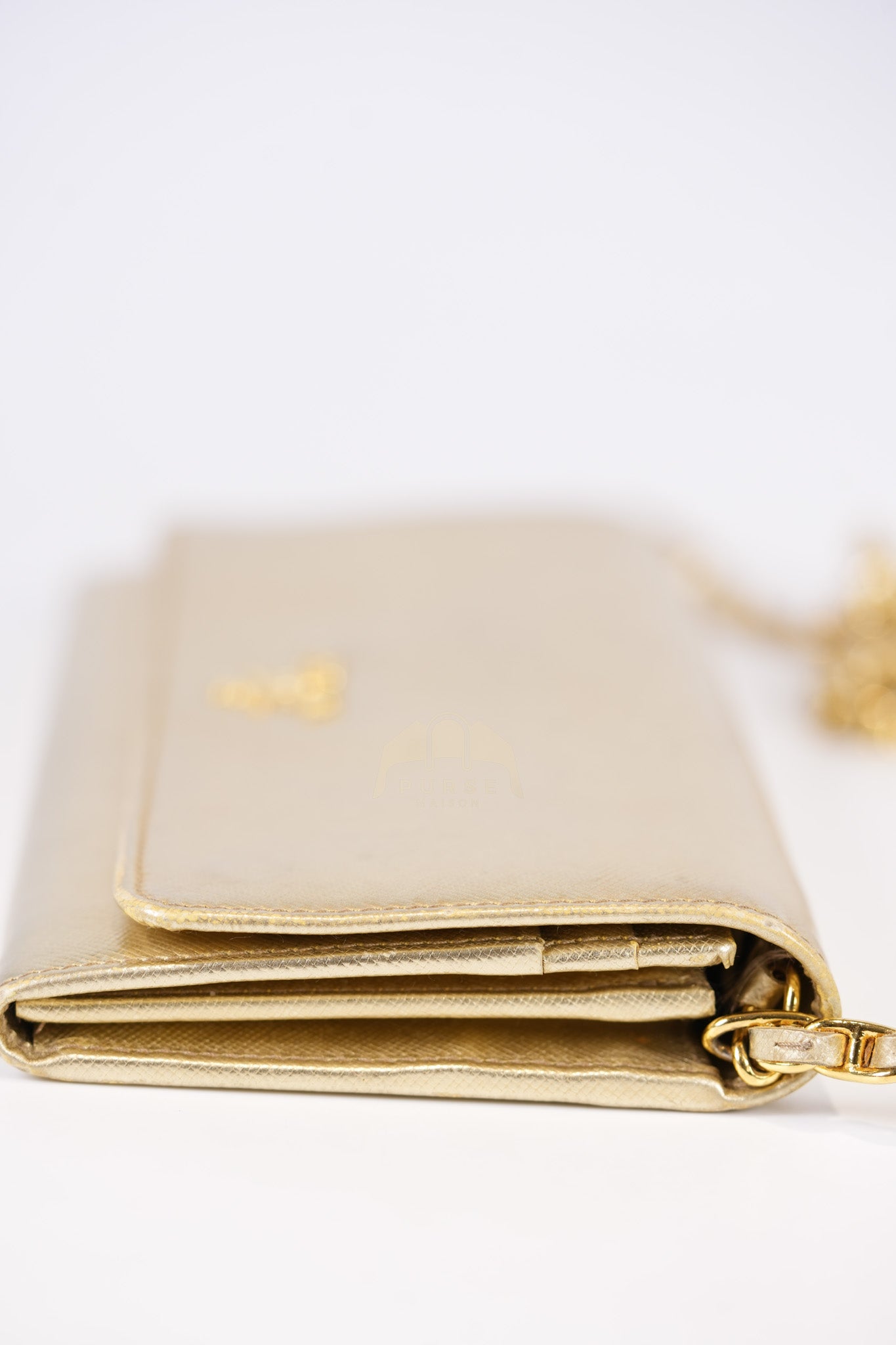 Wallet on Chain in Gold Saffiano Metal Leather & Gold Hardware | Purse Maison Luxury Bags Shop