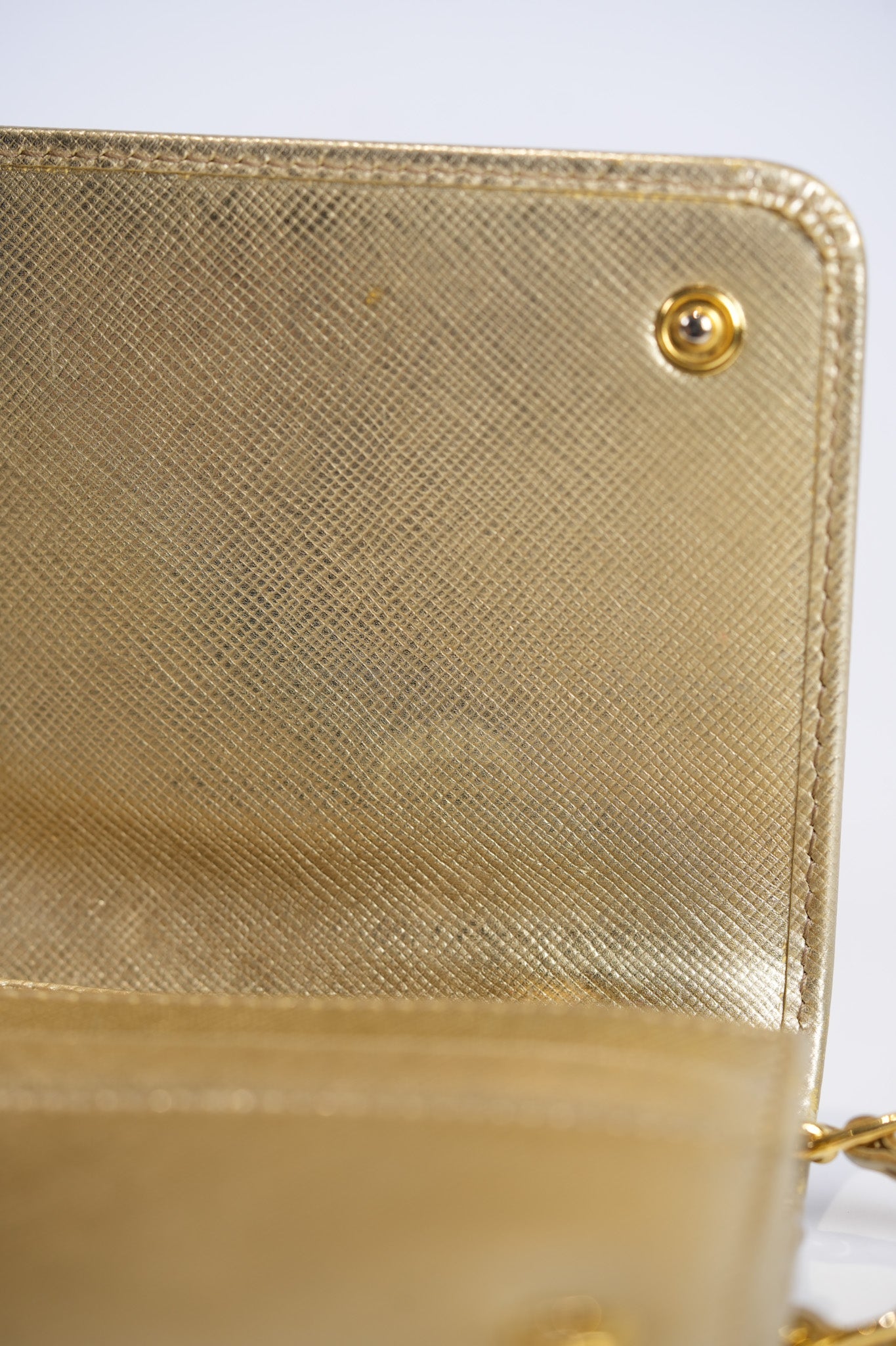 Wallet on Chain in Gold Saffiano Metal Leather & Gold Hardware | Purse Maison Luxury Bags Shop
