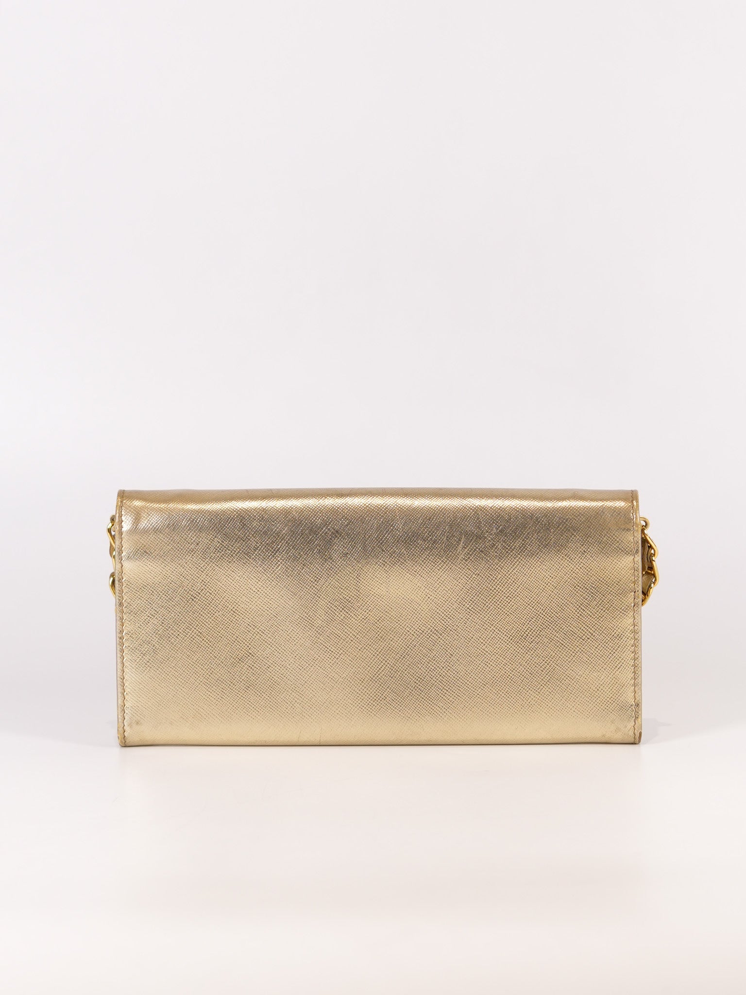 Wallet on Chain in Gold Saffiano Metal Leather & Gold Hardware | Purse Maison Luxury Bags Shop